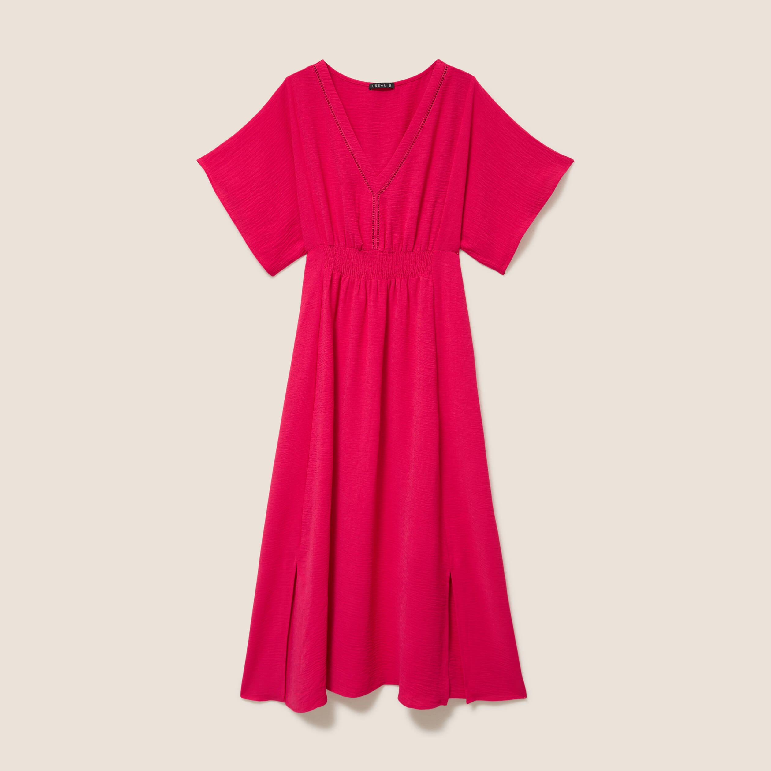 Robe longue &eacute;vas&eacute;e col v manches coudes rose fushia femme
