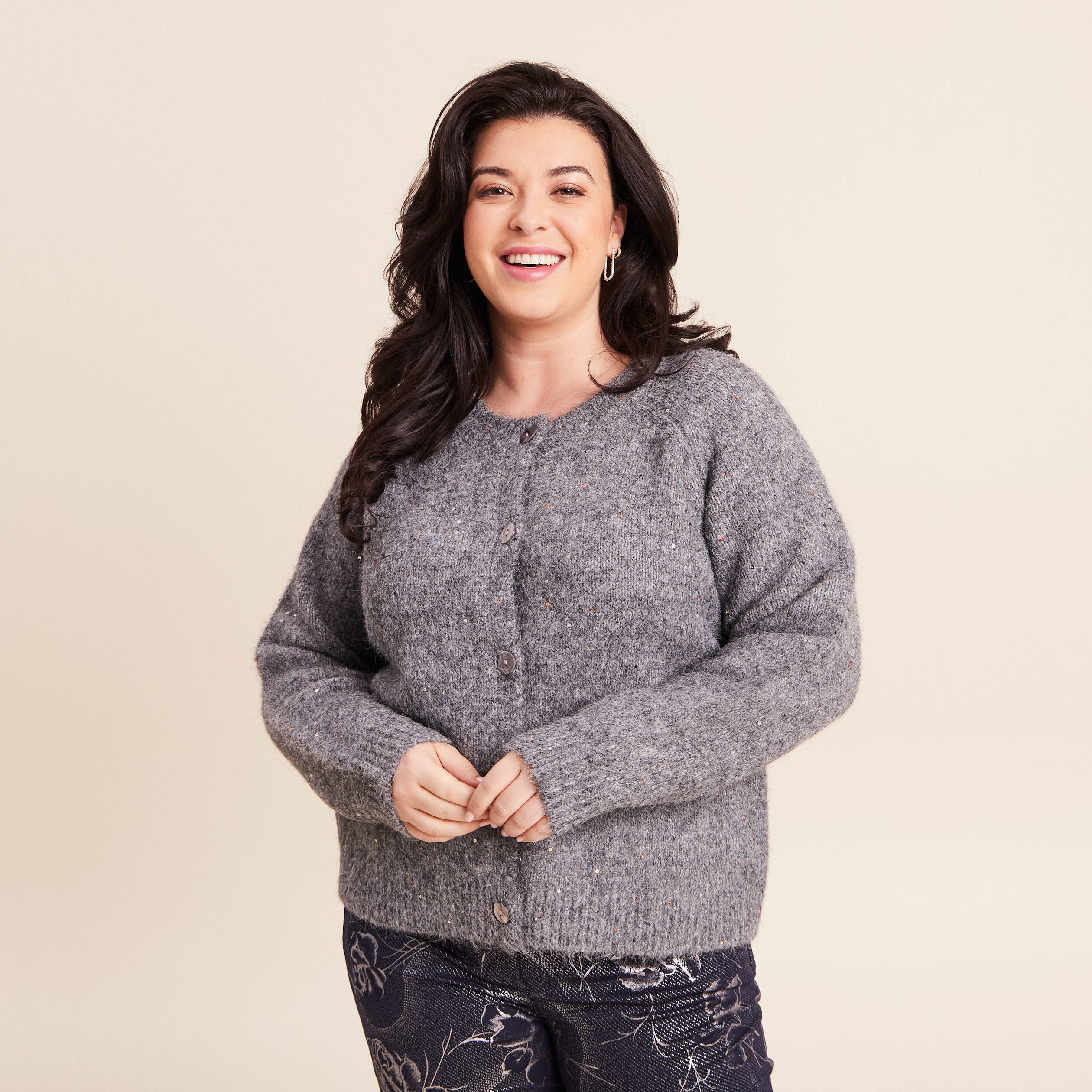 Gilet col rond à sequins gris foncé femme Bréal