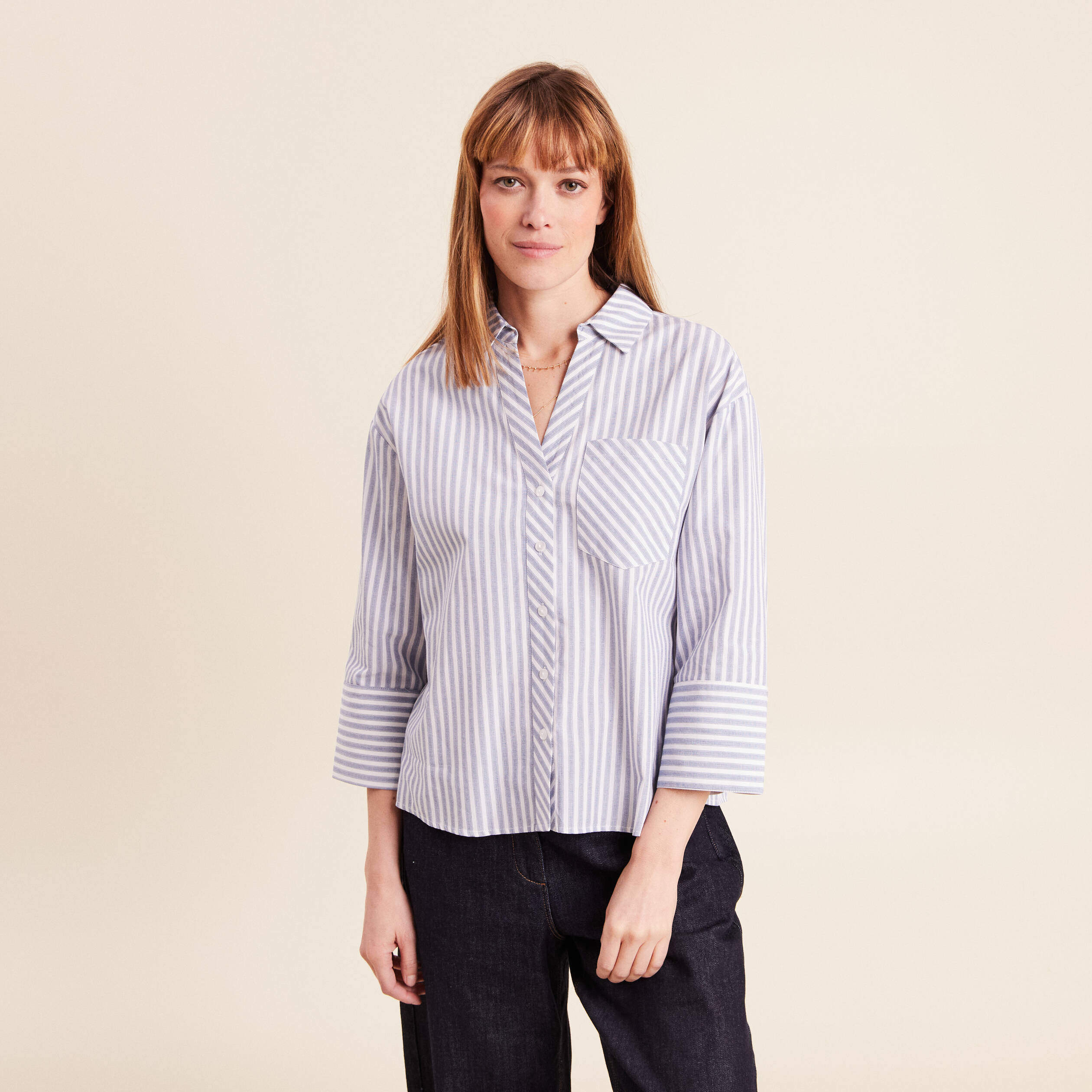 Chemise manches 3/4 bleu femme