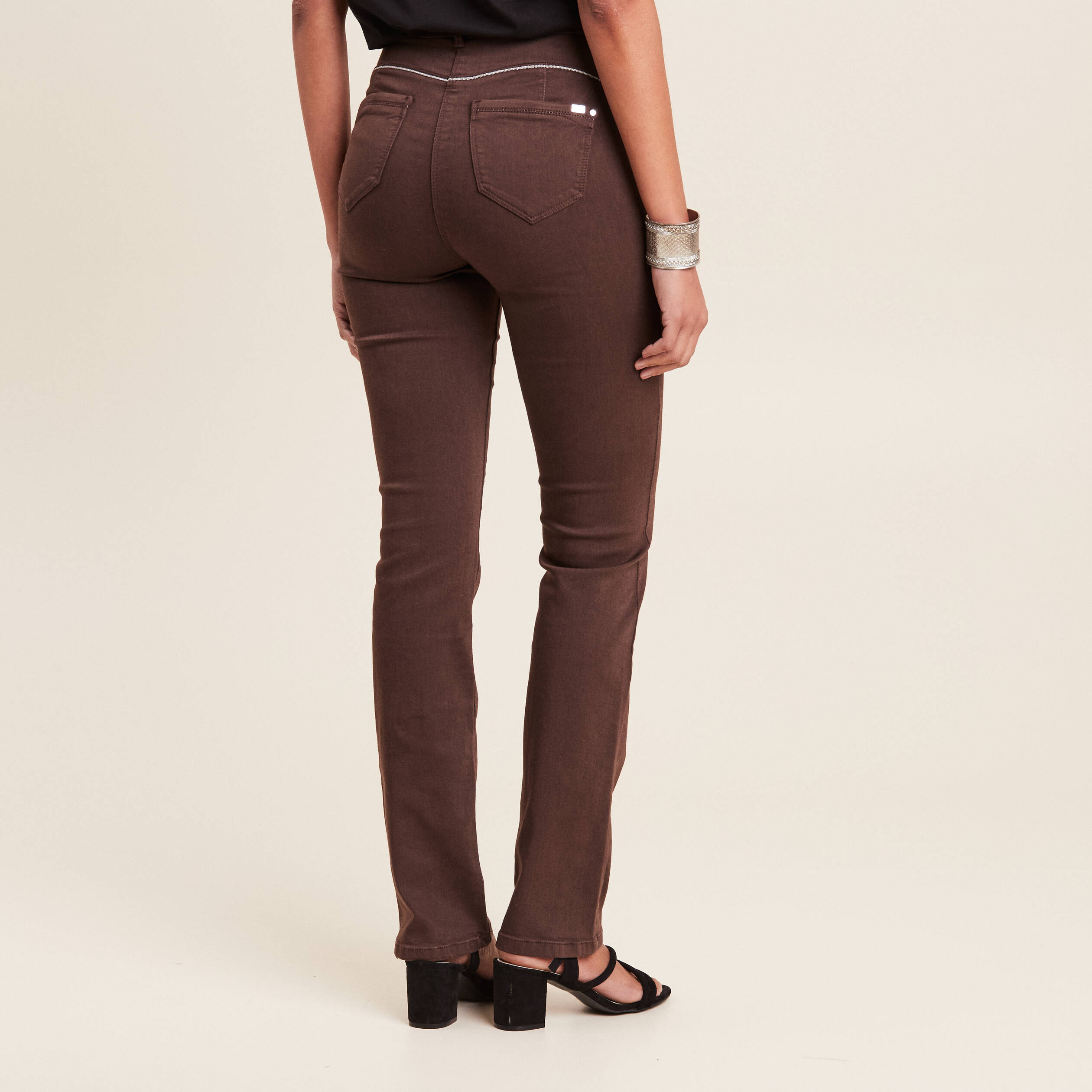 Pantalon droit taille haute marron foncé femme