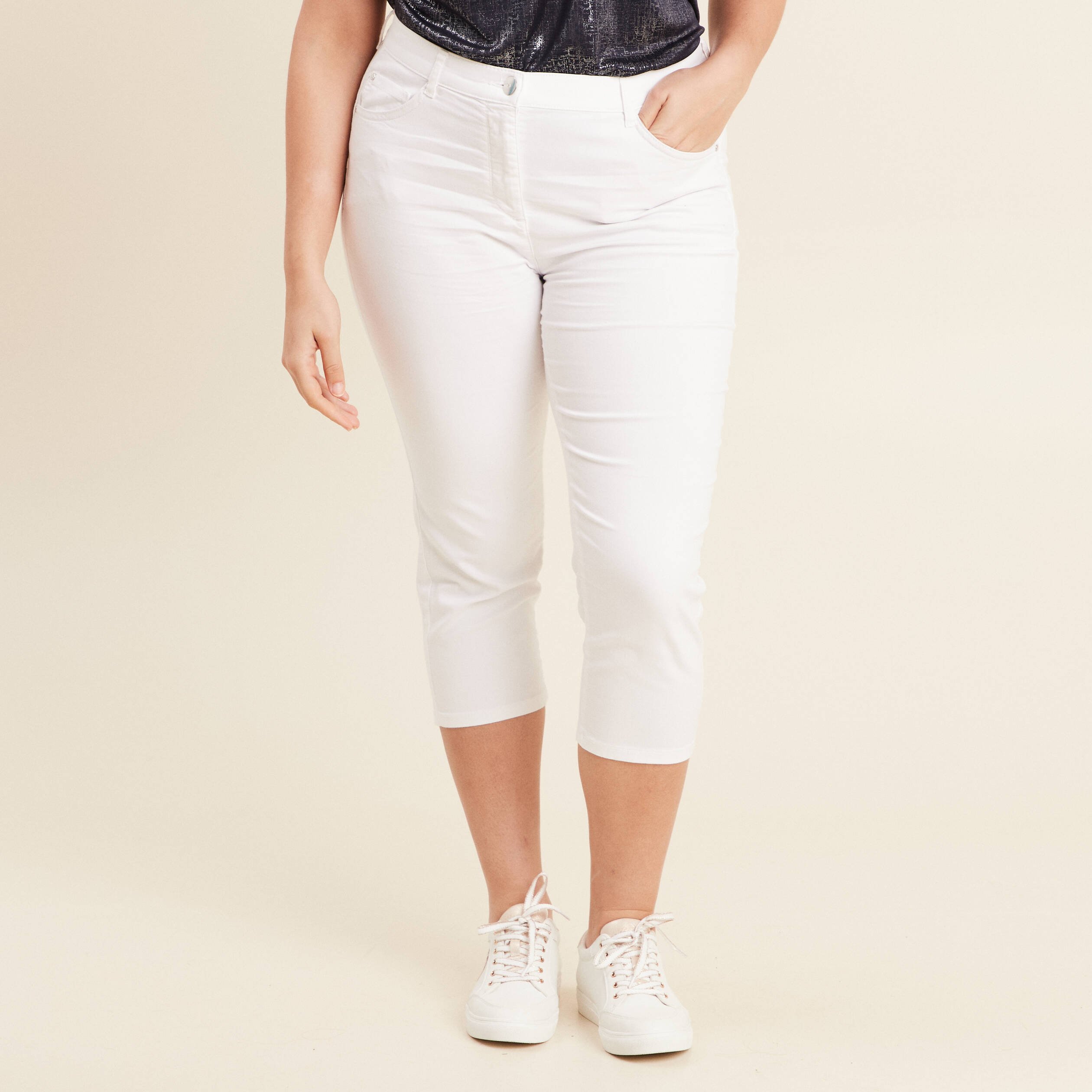 Pantacourt droit taille standard blanc femme