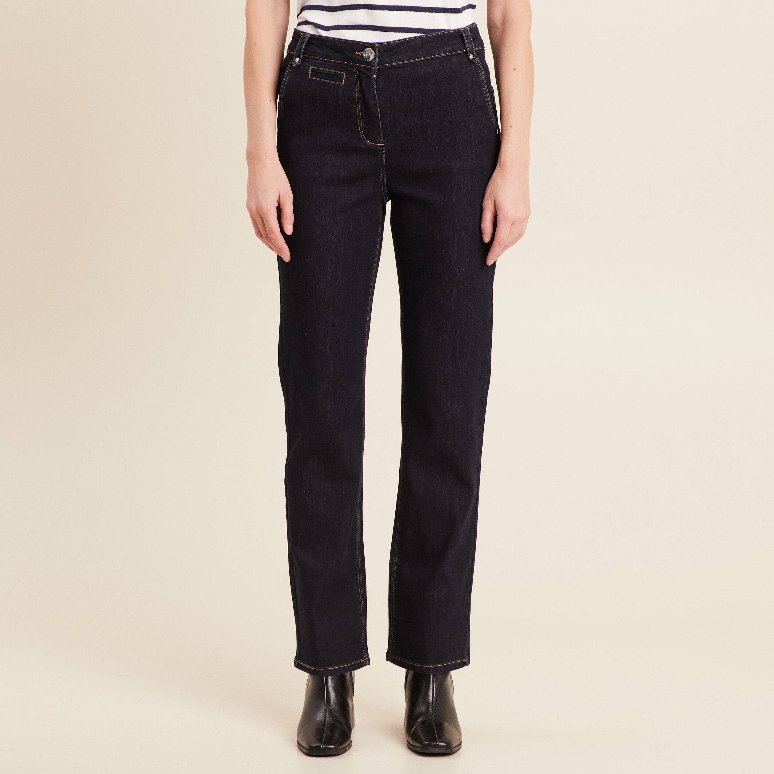 Jean droit taille haute long denim brut femme