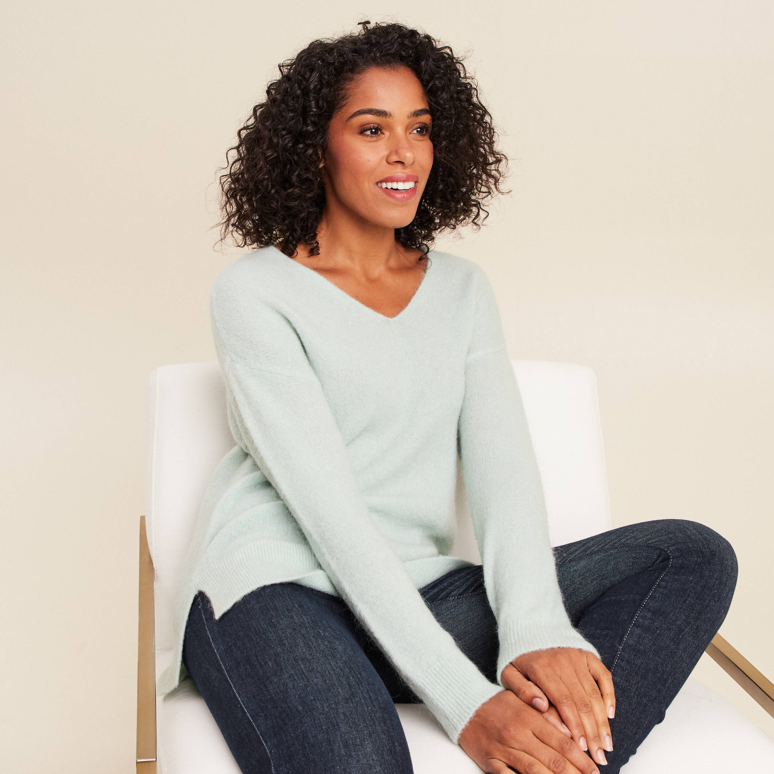 Pull col v manches longues vert pastel femme Bréal