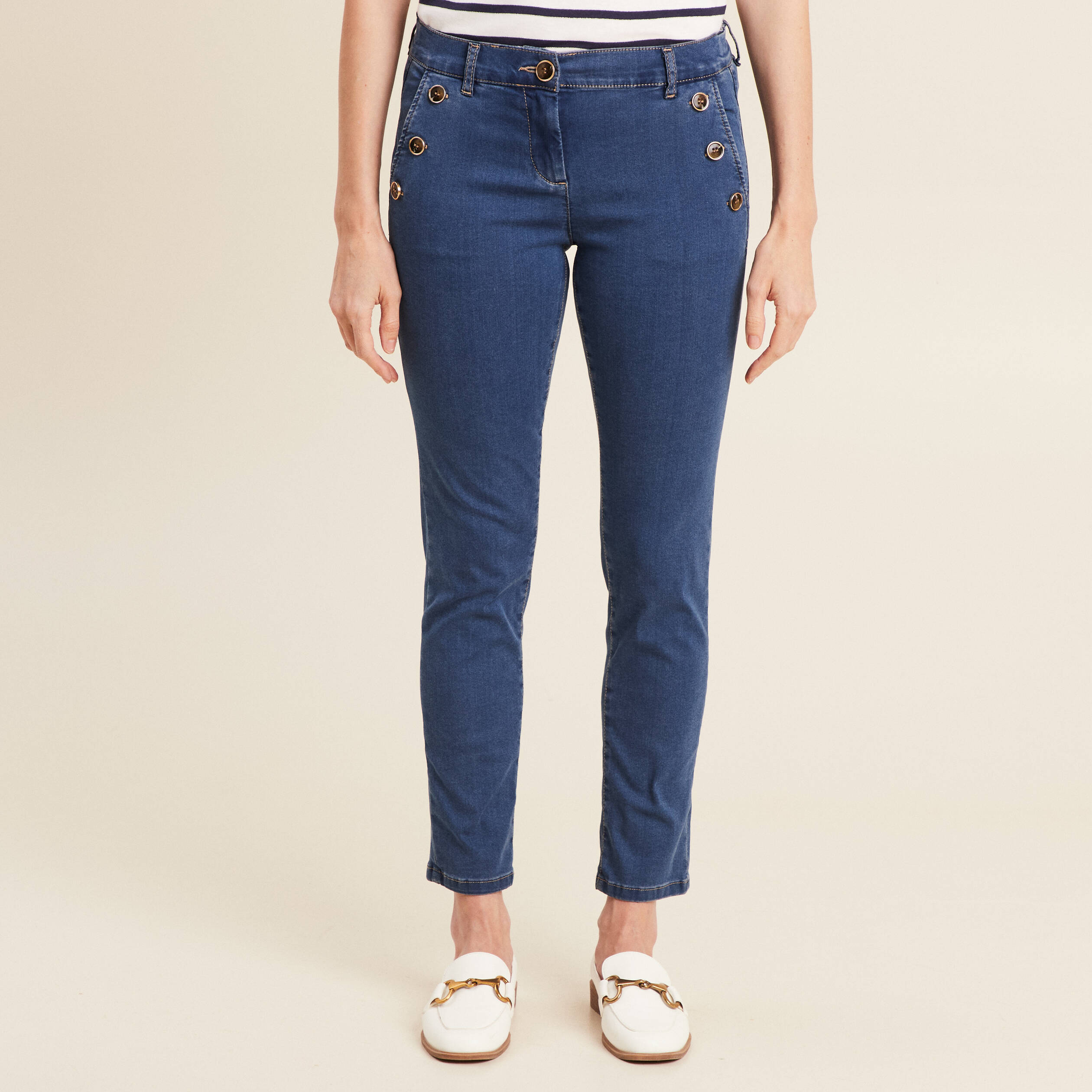Jean ajusté 7/8ème à pont denim double stone femme