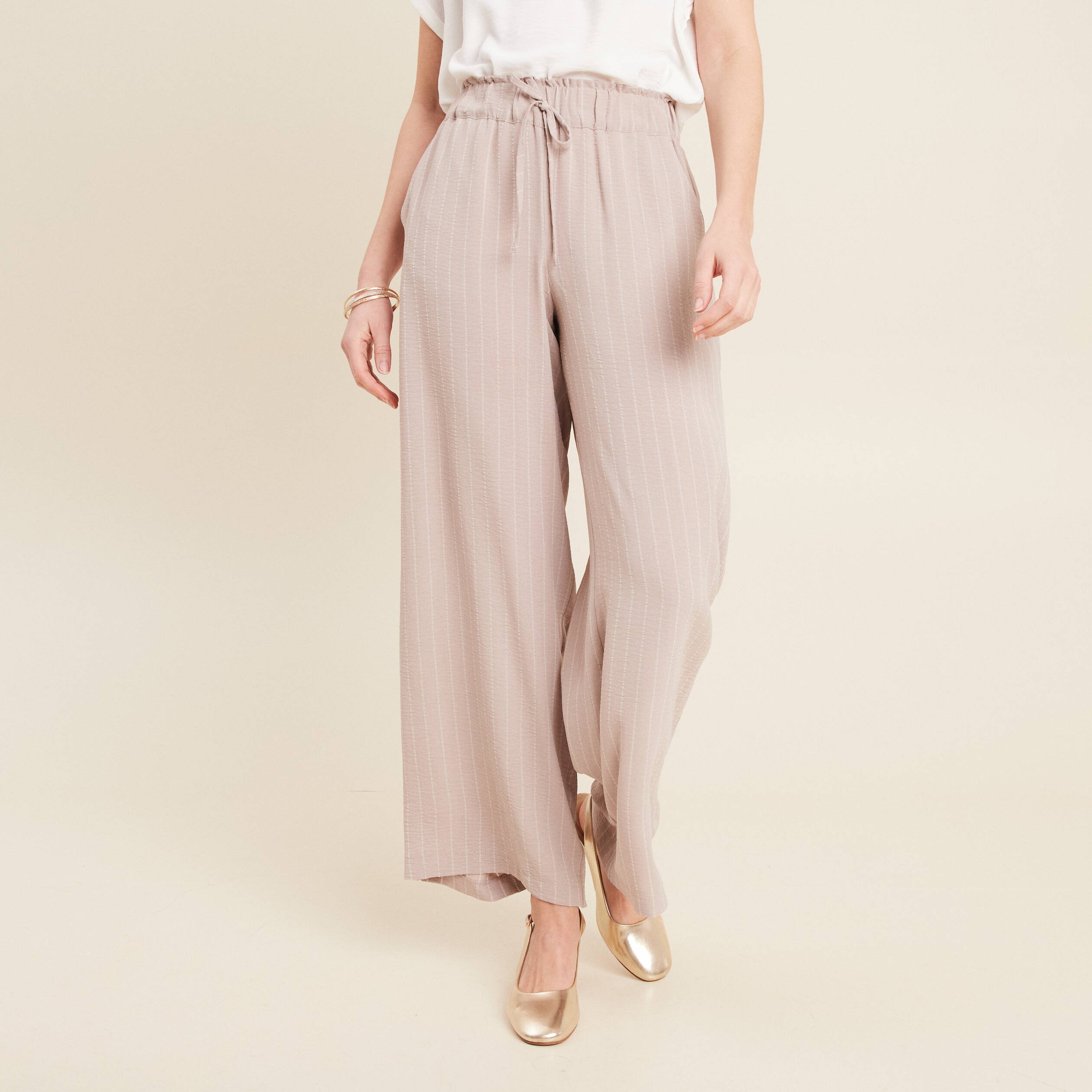 Pantalon large taille haute beige femme