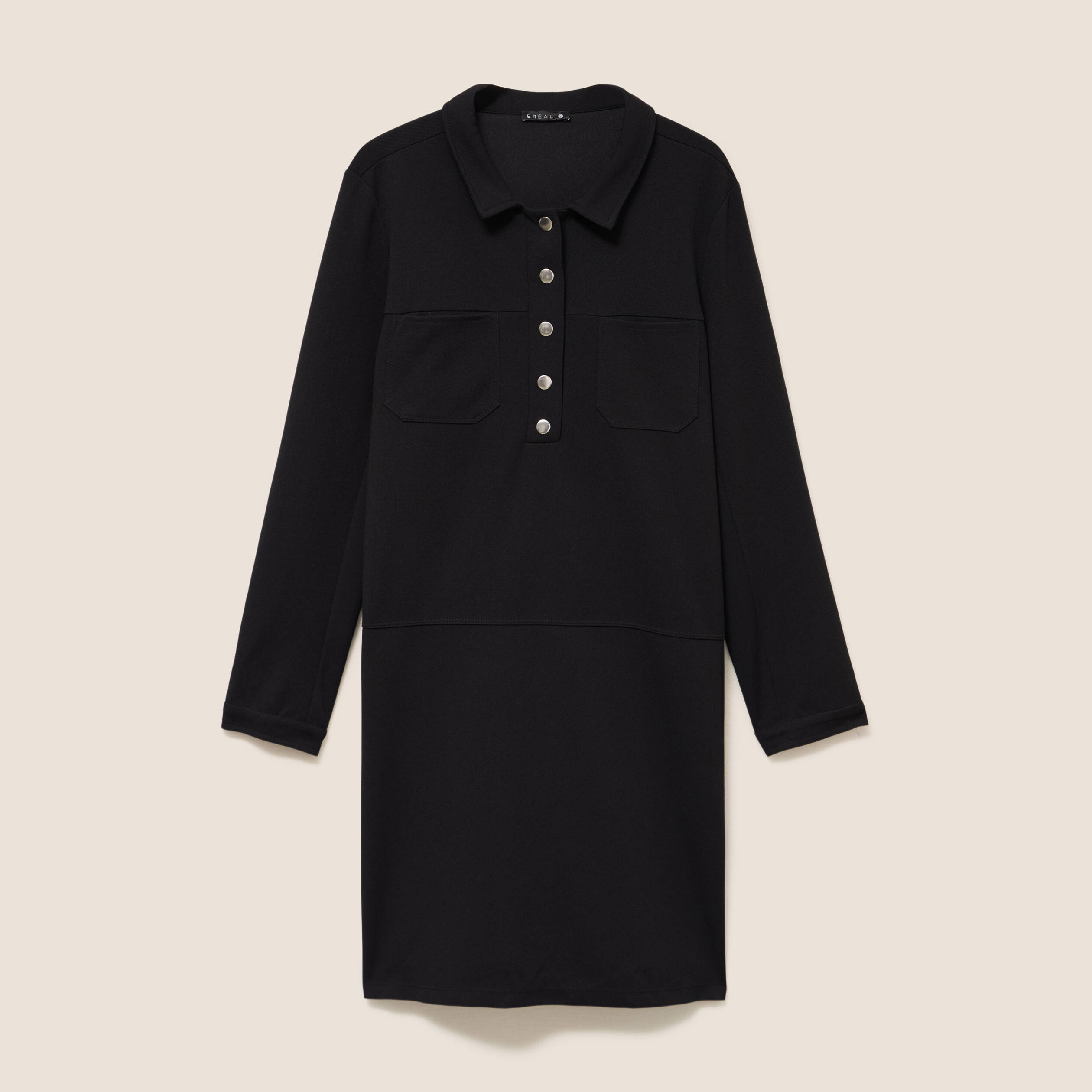Robe droite courte en maille col chemise noir femme