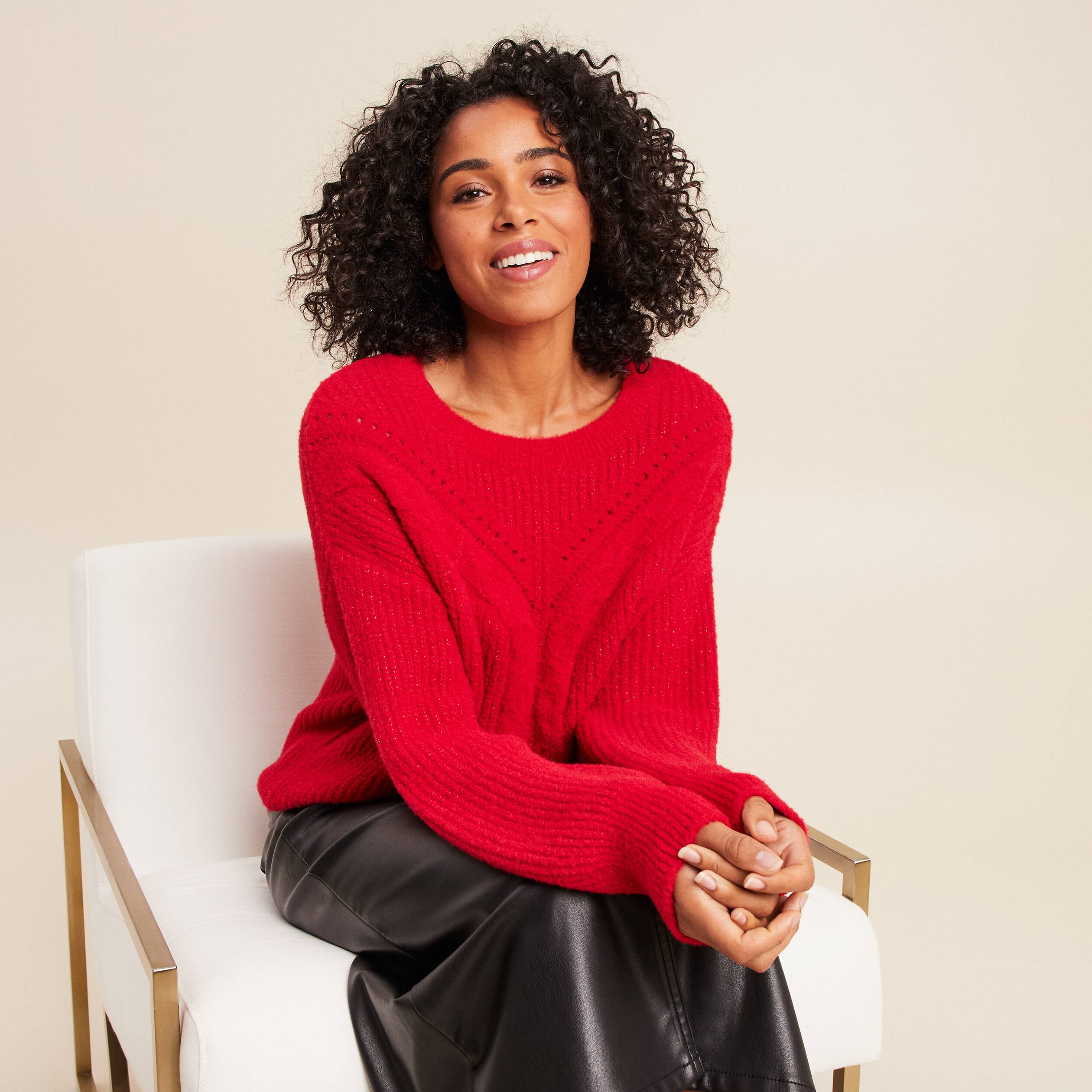 Pull col rond manches longues rouge femme