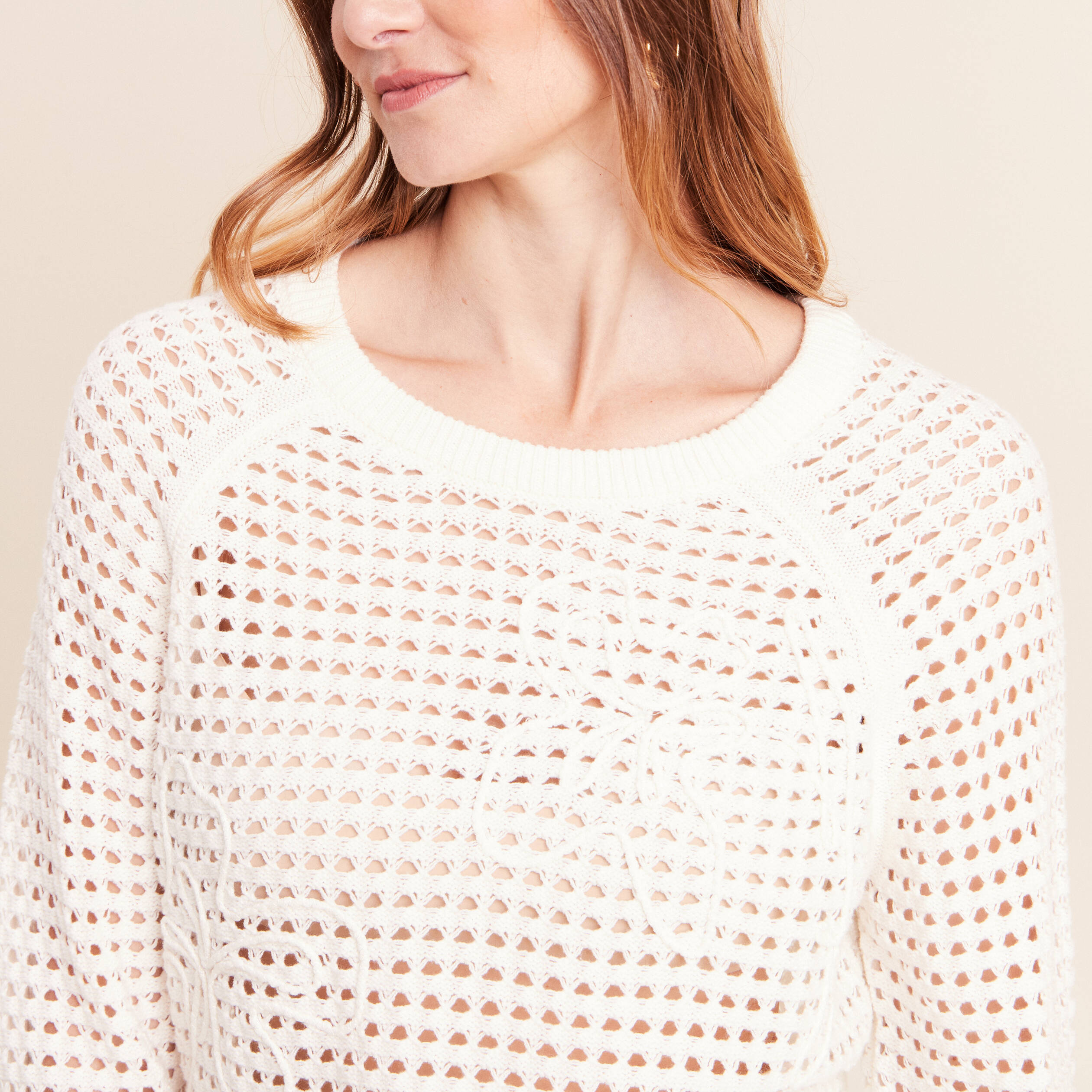 Pull col rond manches longues dentelle ecru femme