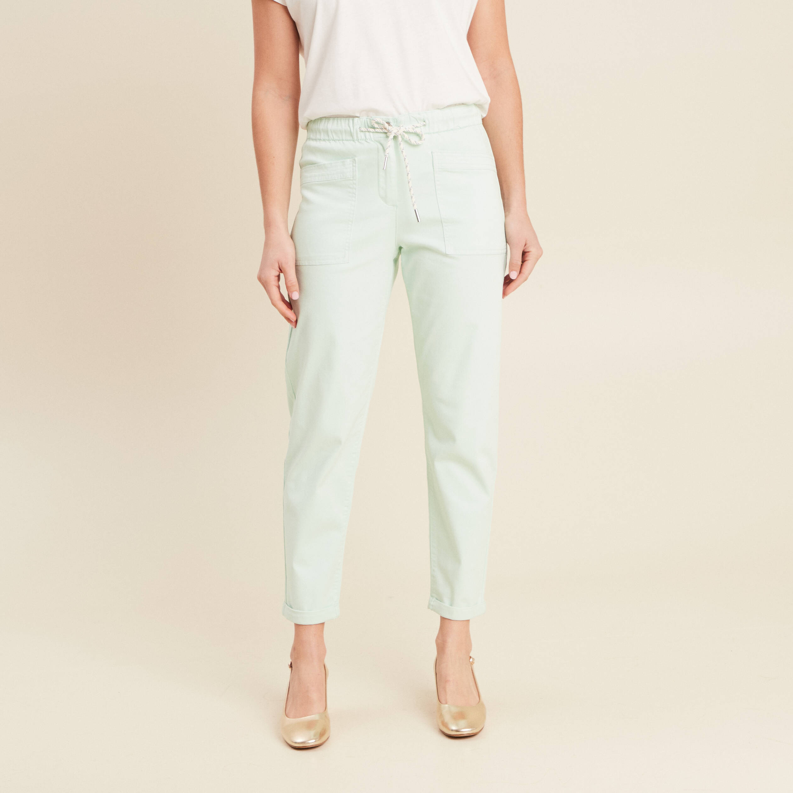 Pantalon coupe droite à coulisse vert clair femme