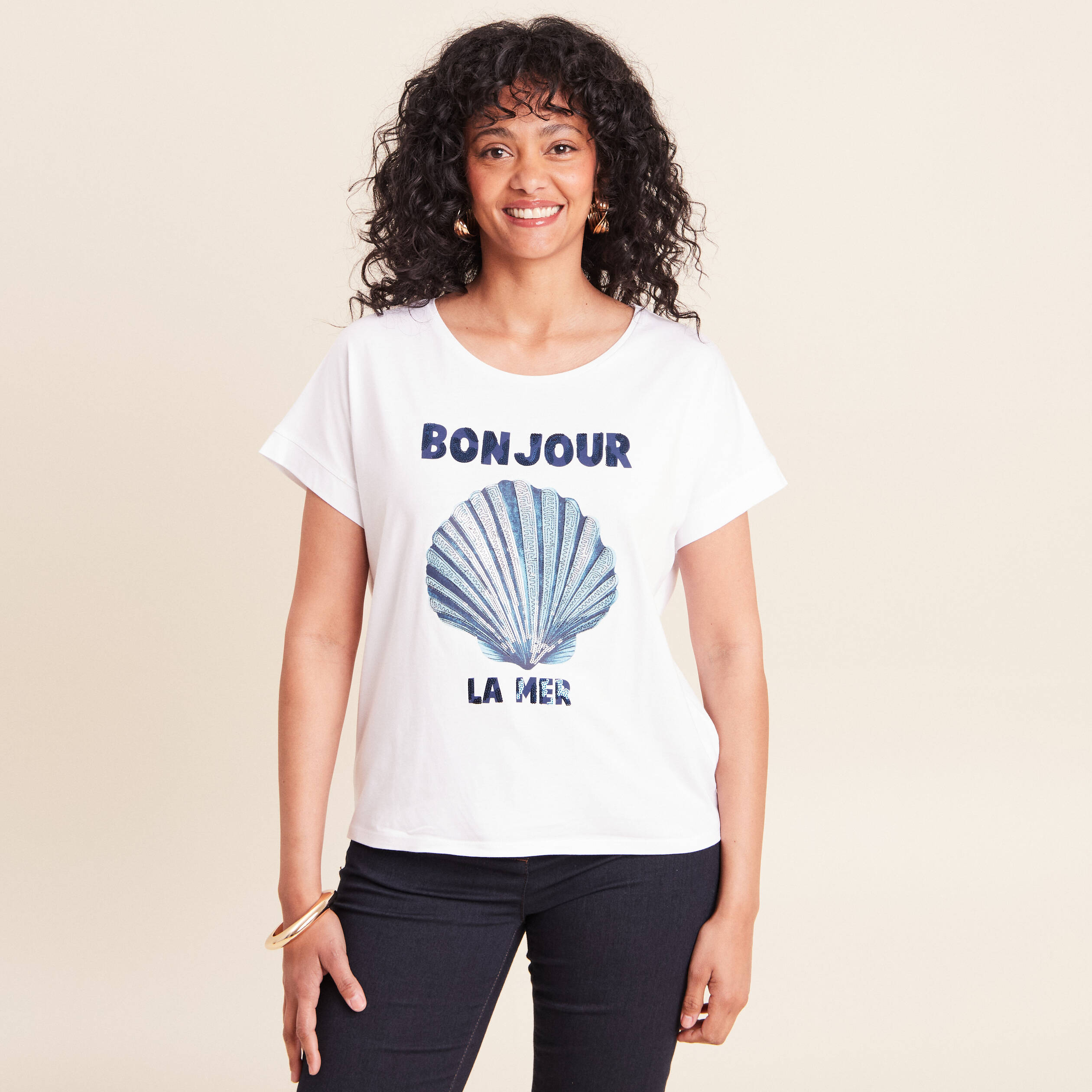 T-shirt col rond manches courtes brod&eacute; blanc femme