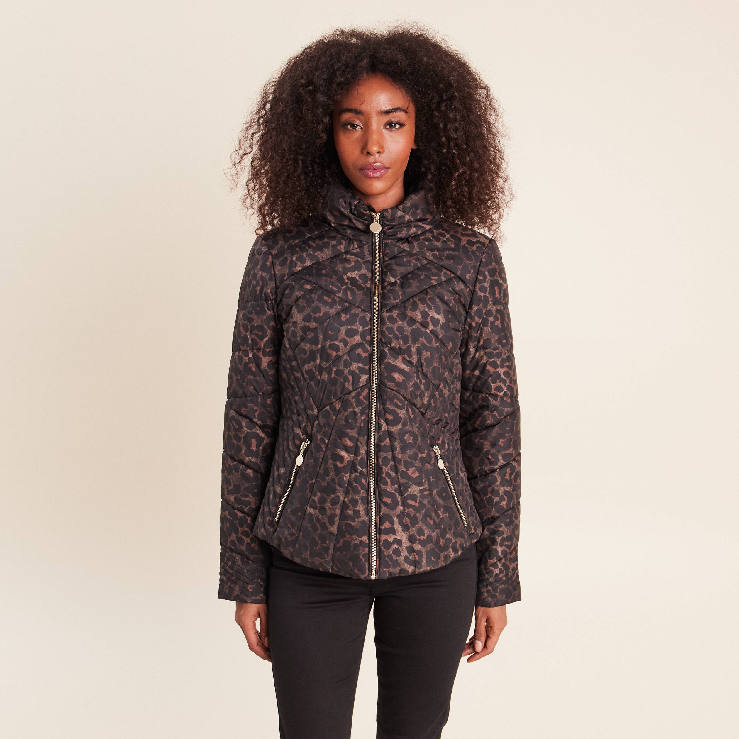 Doudoune d&eacute;perlante droite zipp&eacute;e marron femme