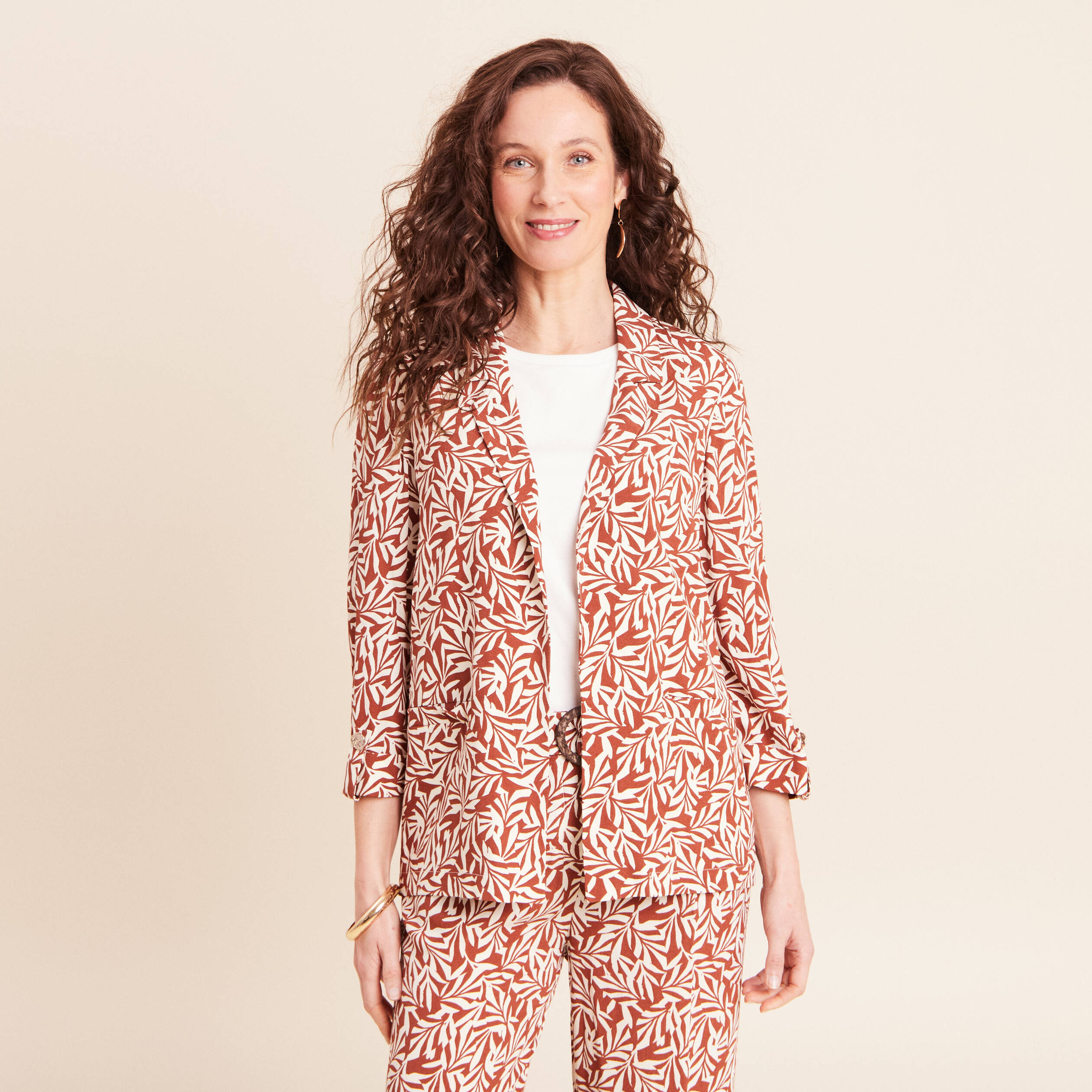 Veste longue droite col tailleur orange femme