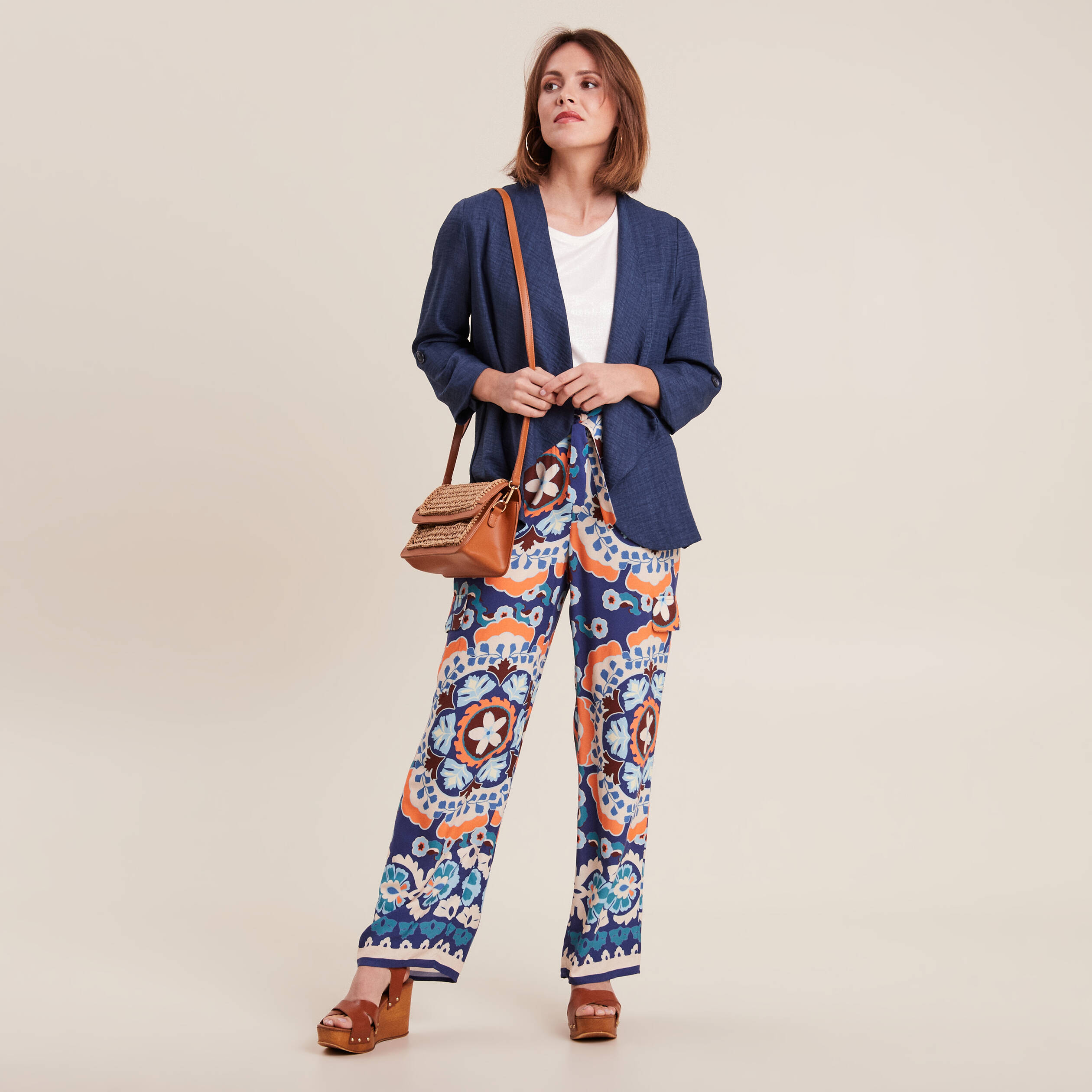 Pantalon large fluide bleu femme
