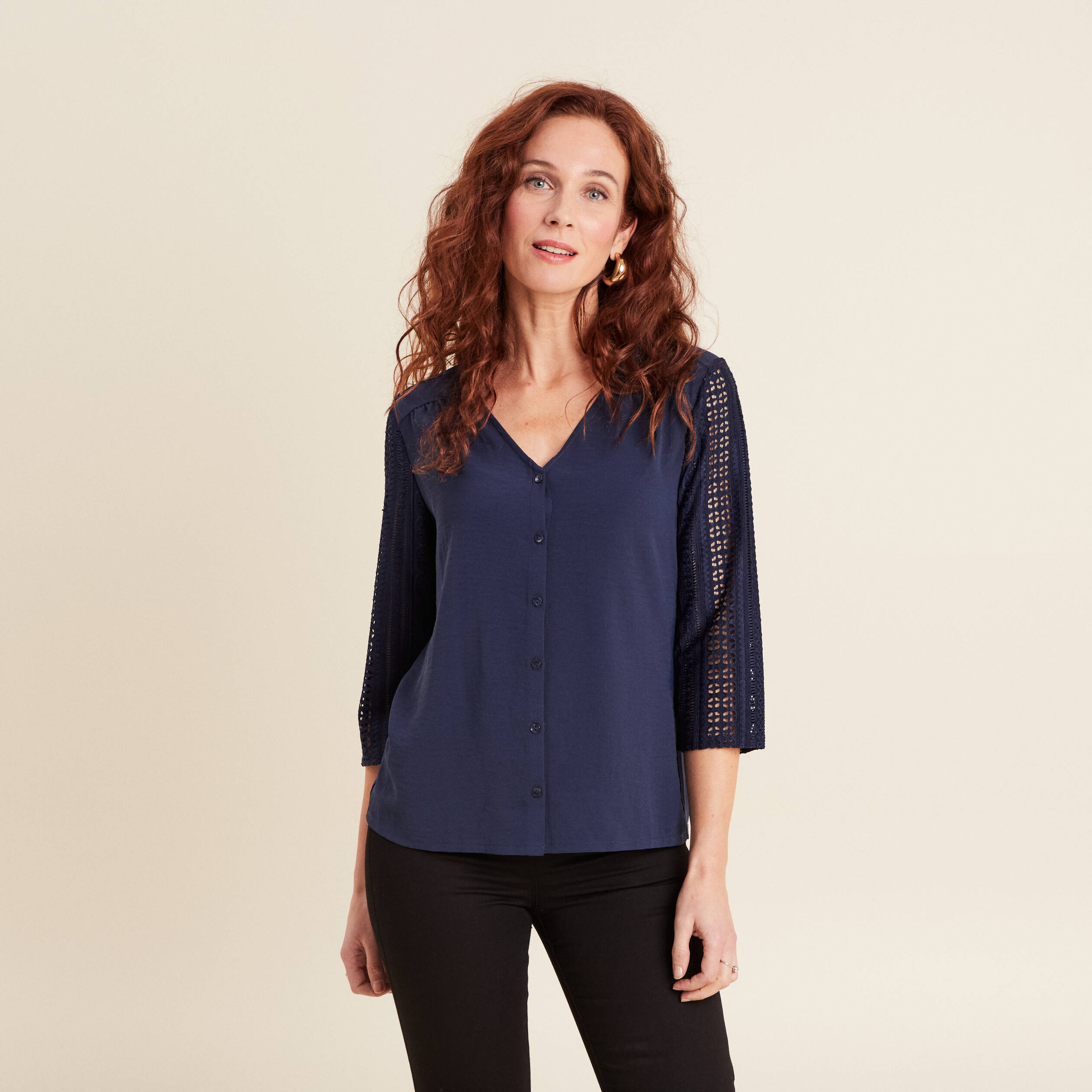 Blouse manches 3/4 bleu marine femme