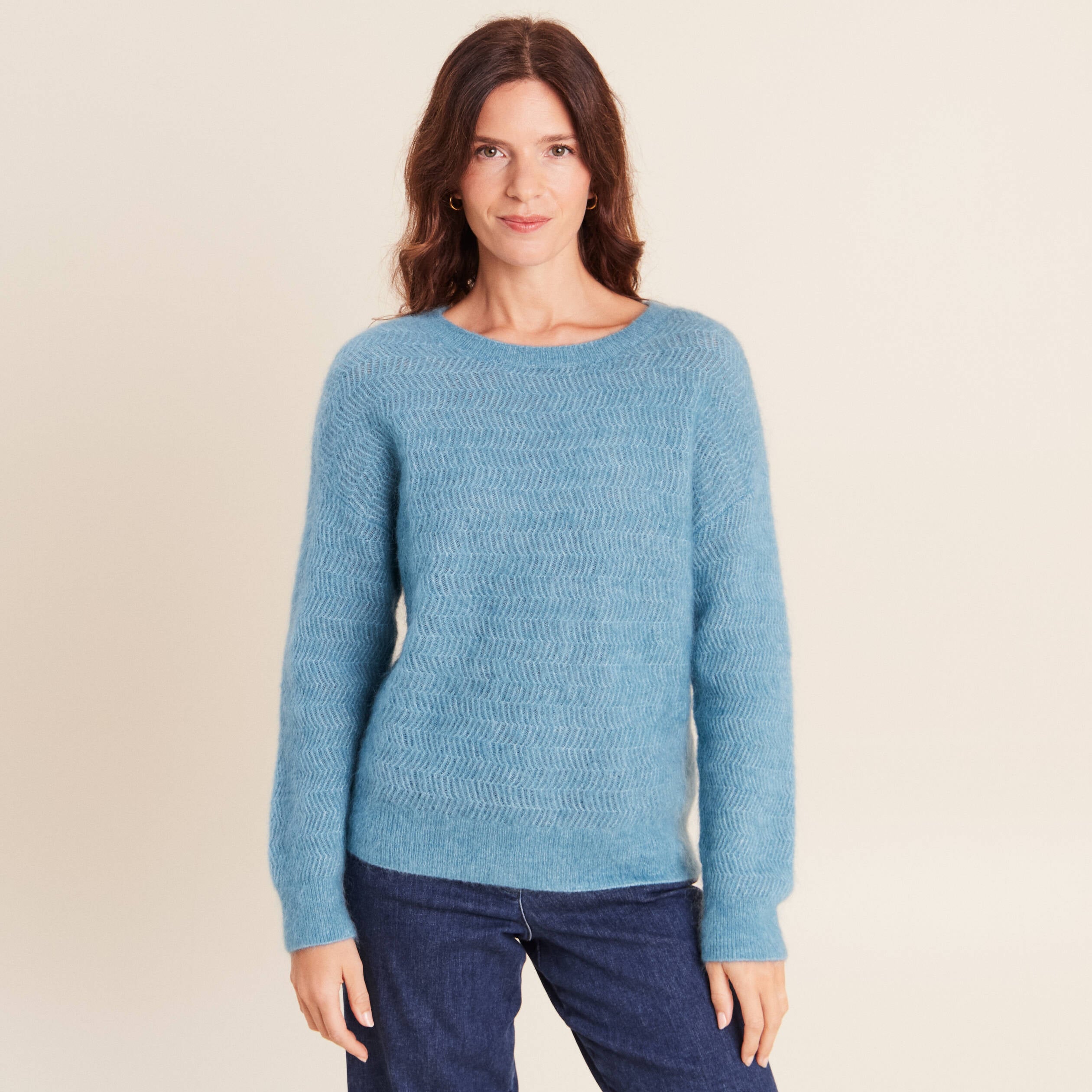 Pull droit col rond manches longues bleu p&eacute;trole femme
