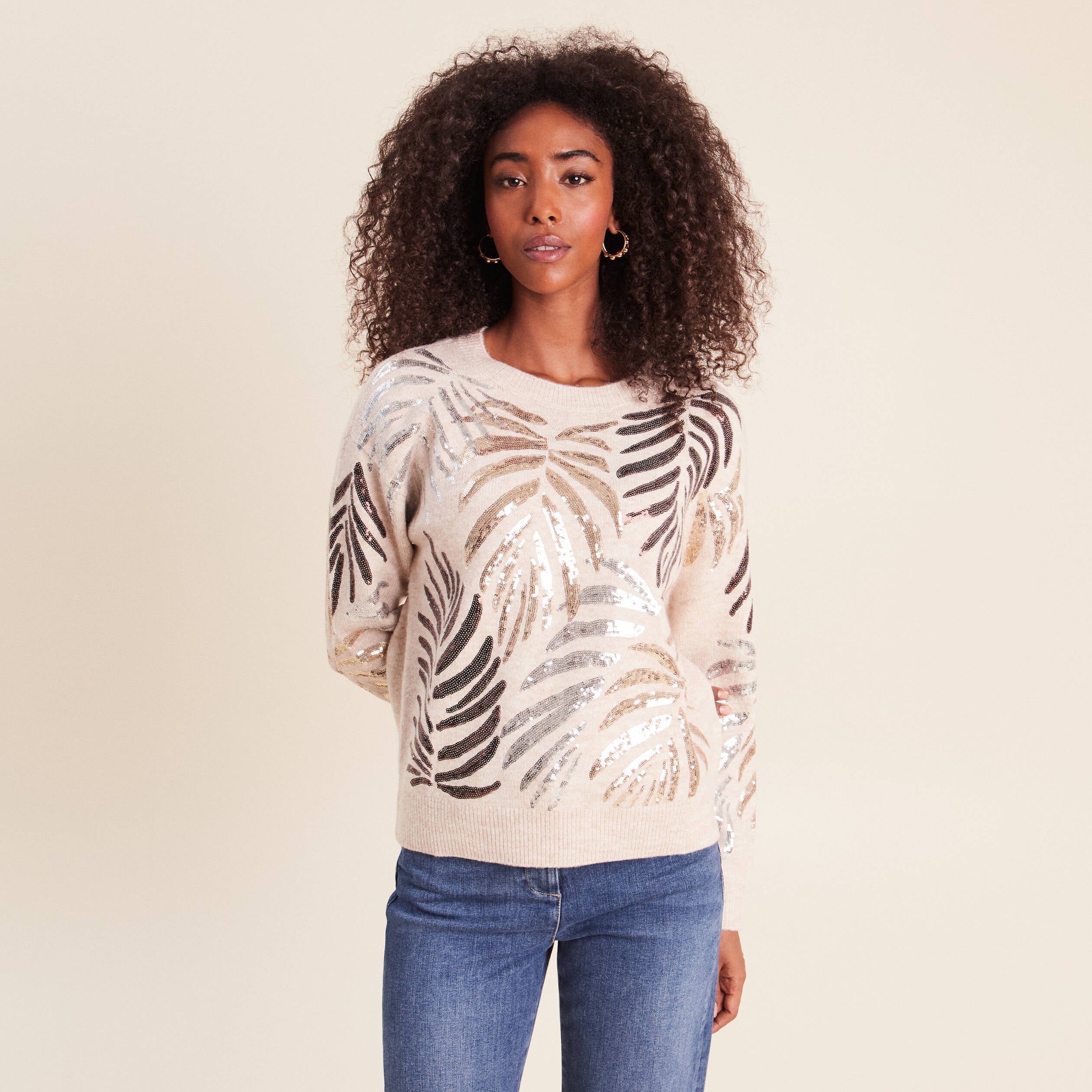Pull col rond &agrave; sequins couleur or femme