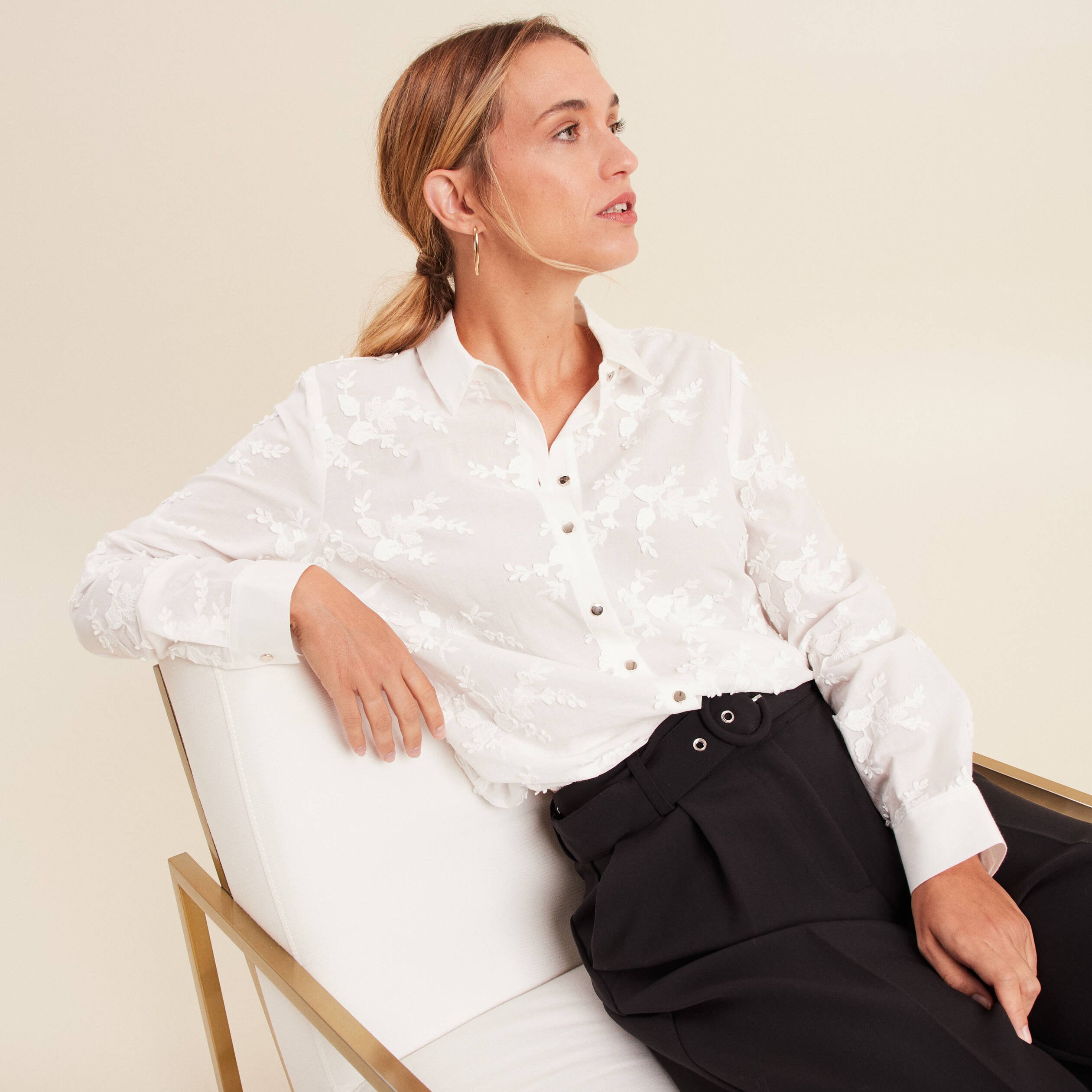 Chemise effet dentelle manches longues ecru femme Bréal