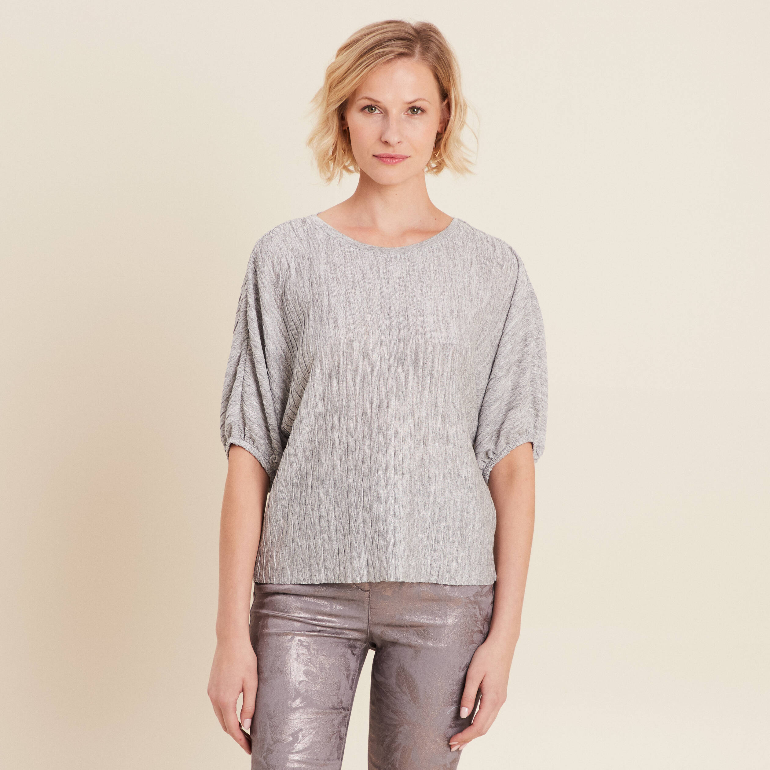 Blouse manches 3/4 plissée gris argent femme