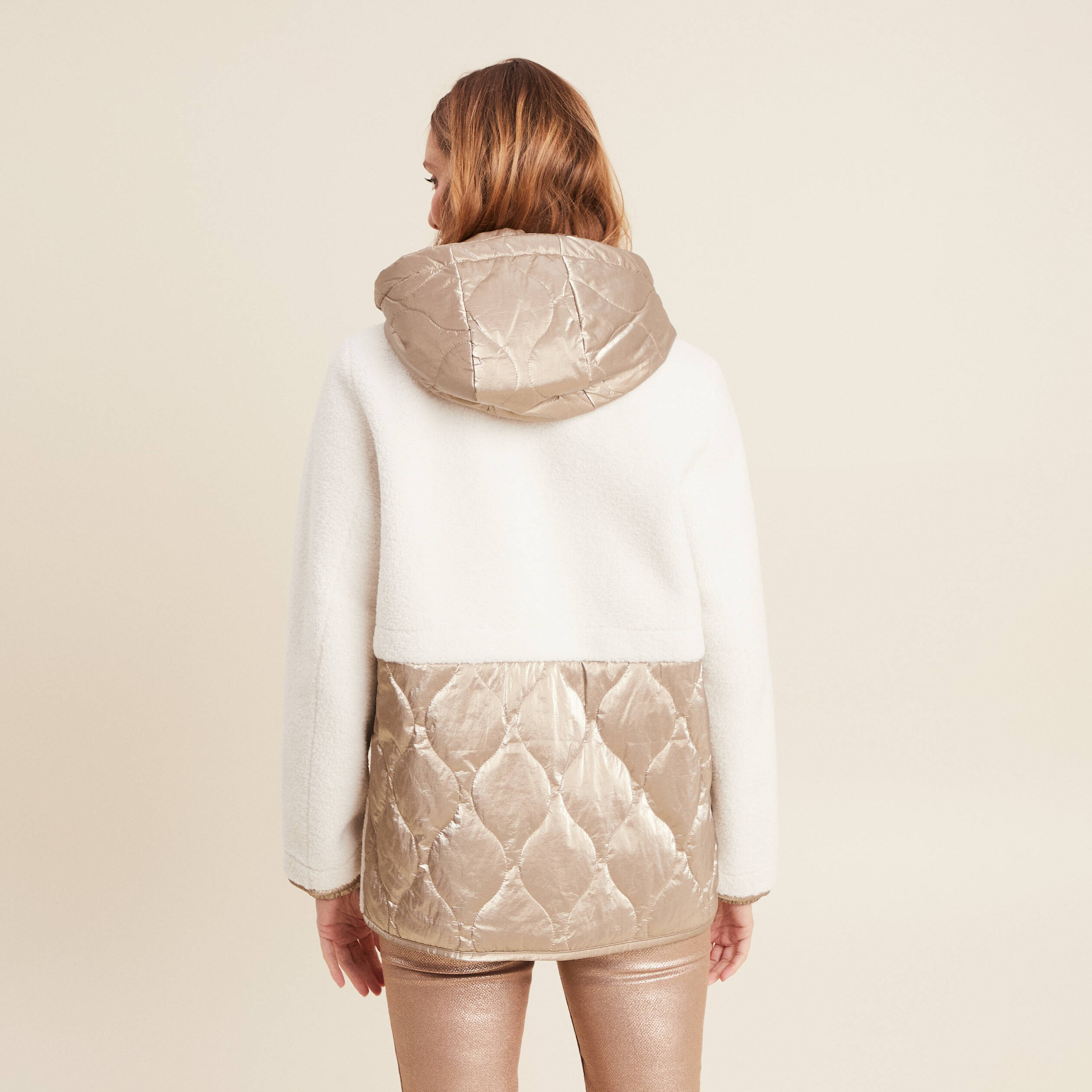 Manteau effet laine mouton à capuche ecru femme Bréal