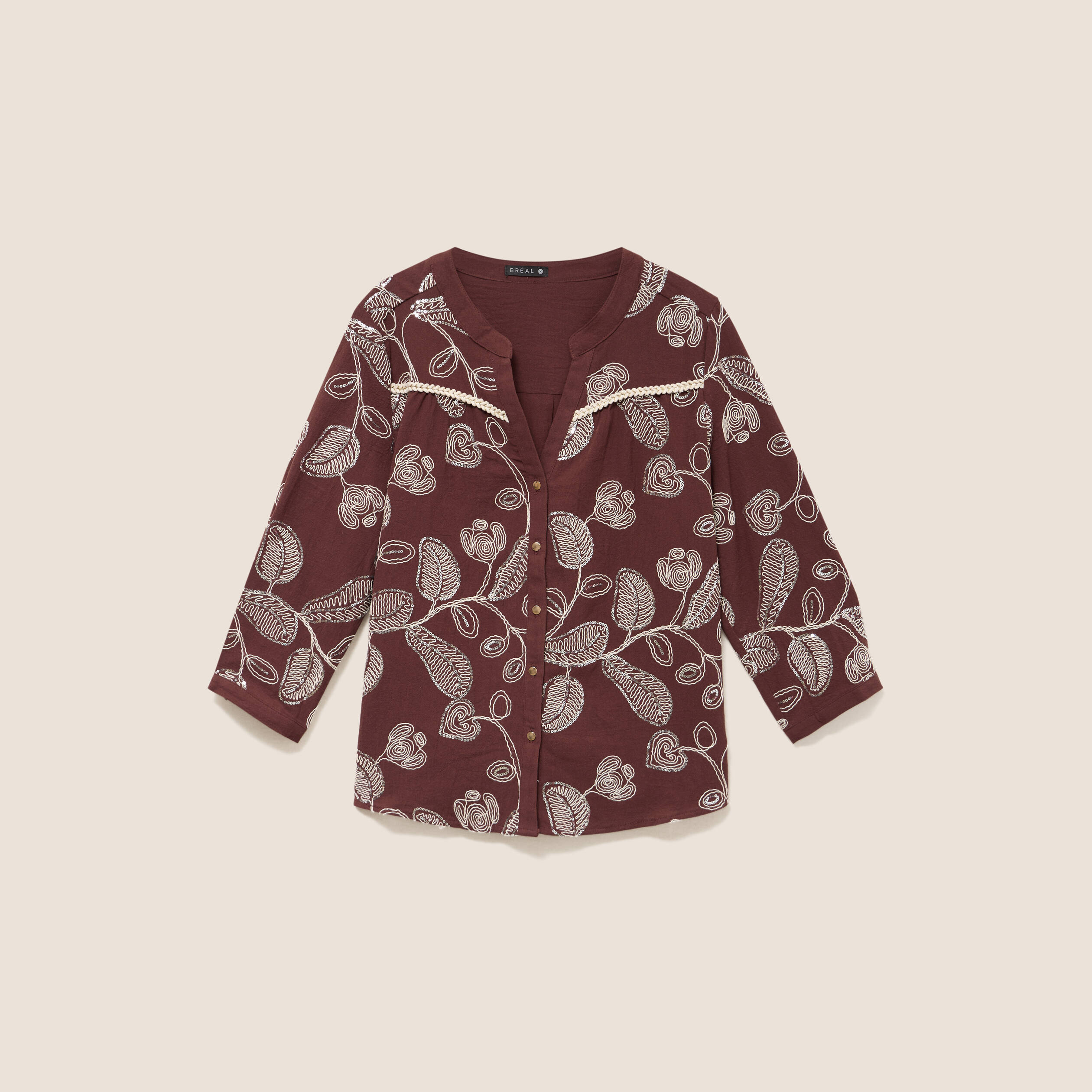 Blouse col tunisien manches 3/4 marron femme