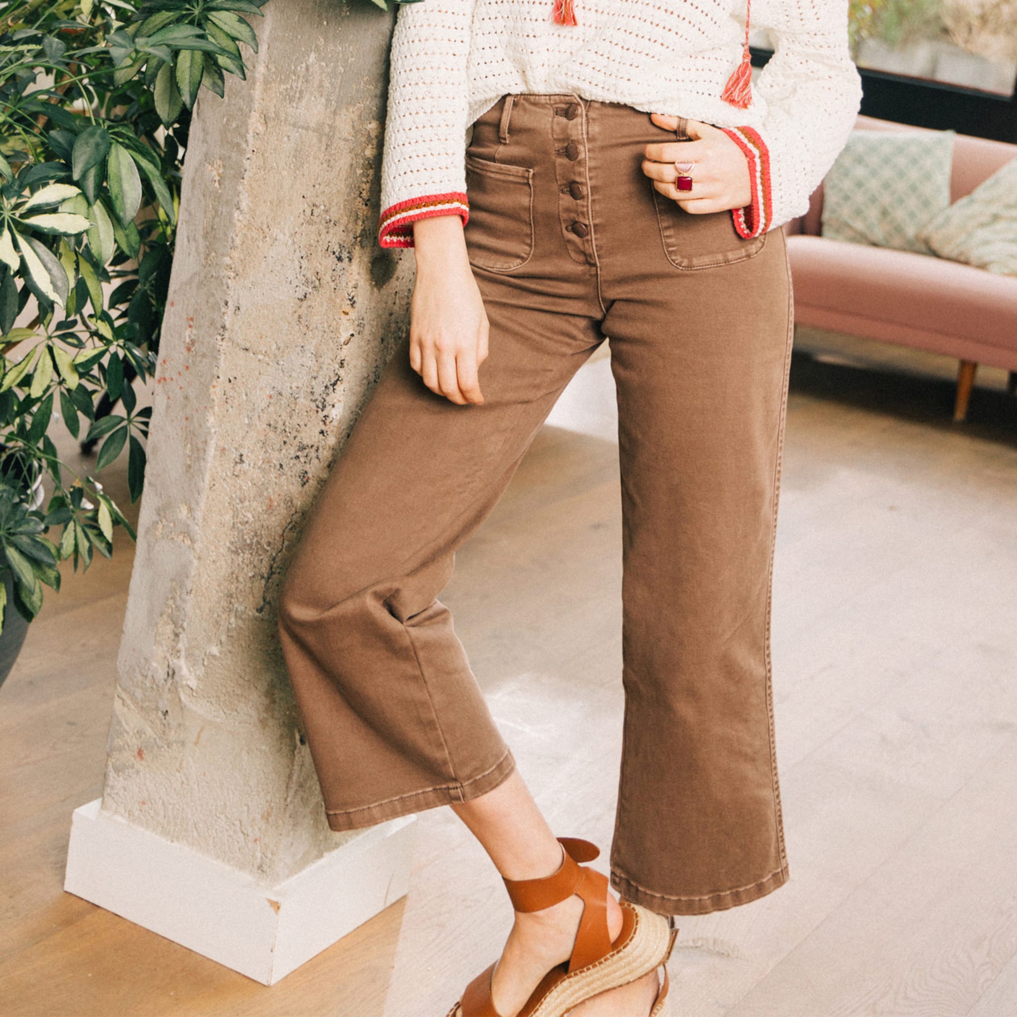 Pantalon large ceinturé 7/8ème bordeaux femme