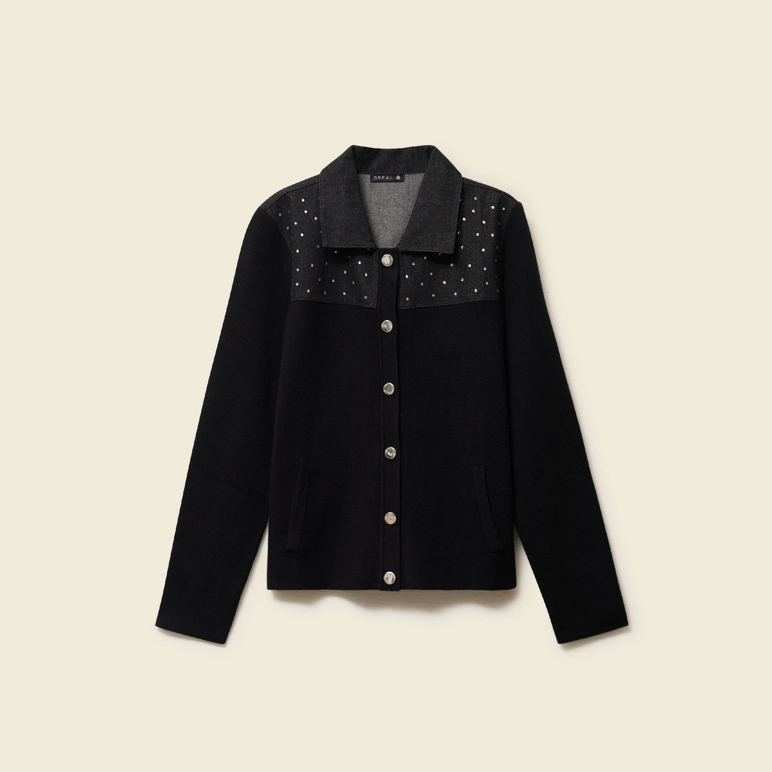 Gilet col rond manches longues strass noir femme