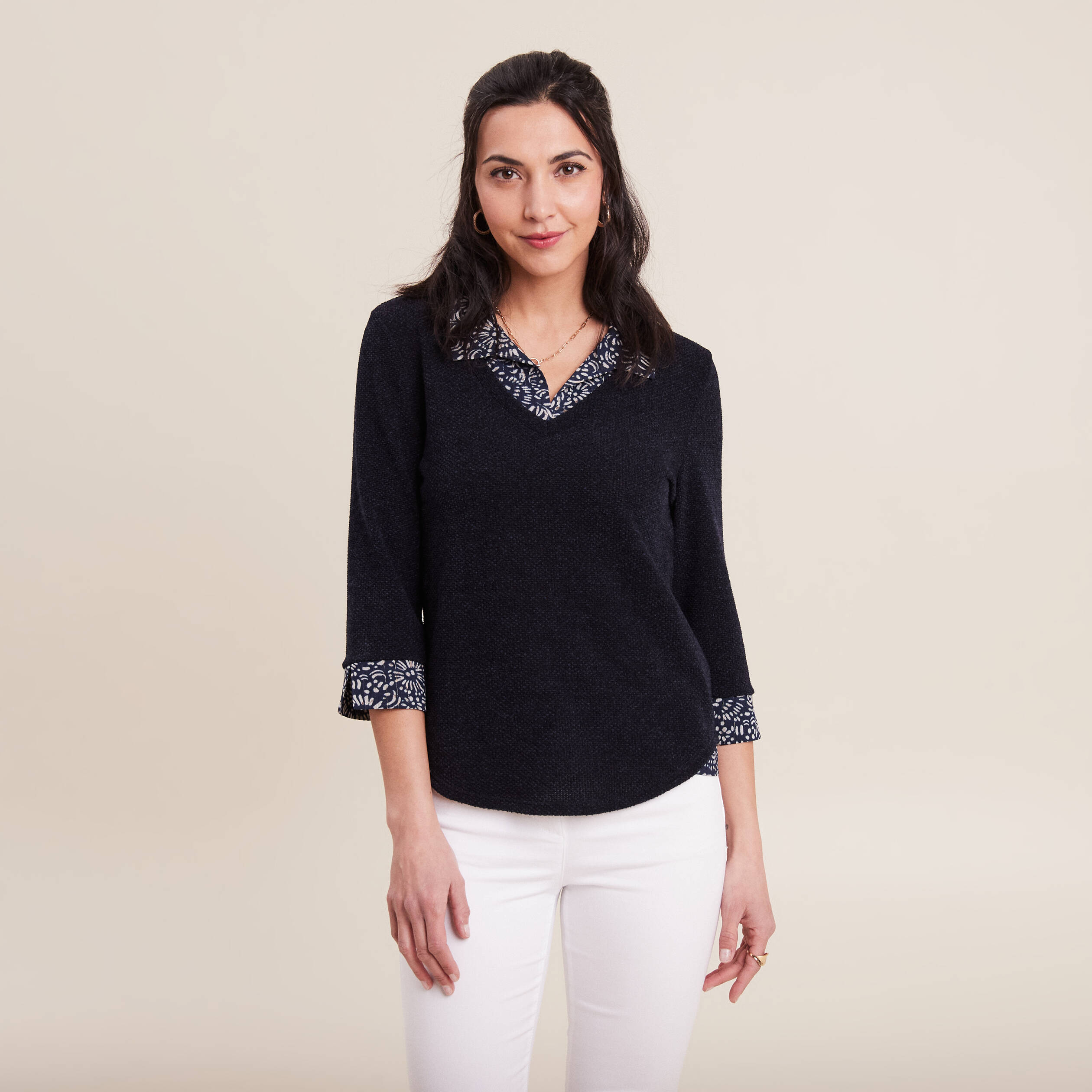 T-shirt manches 3/4 2-en-1 bleu marine femme