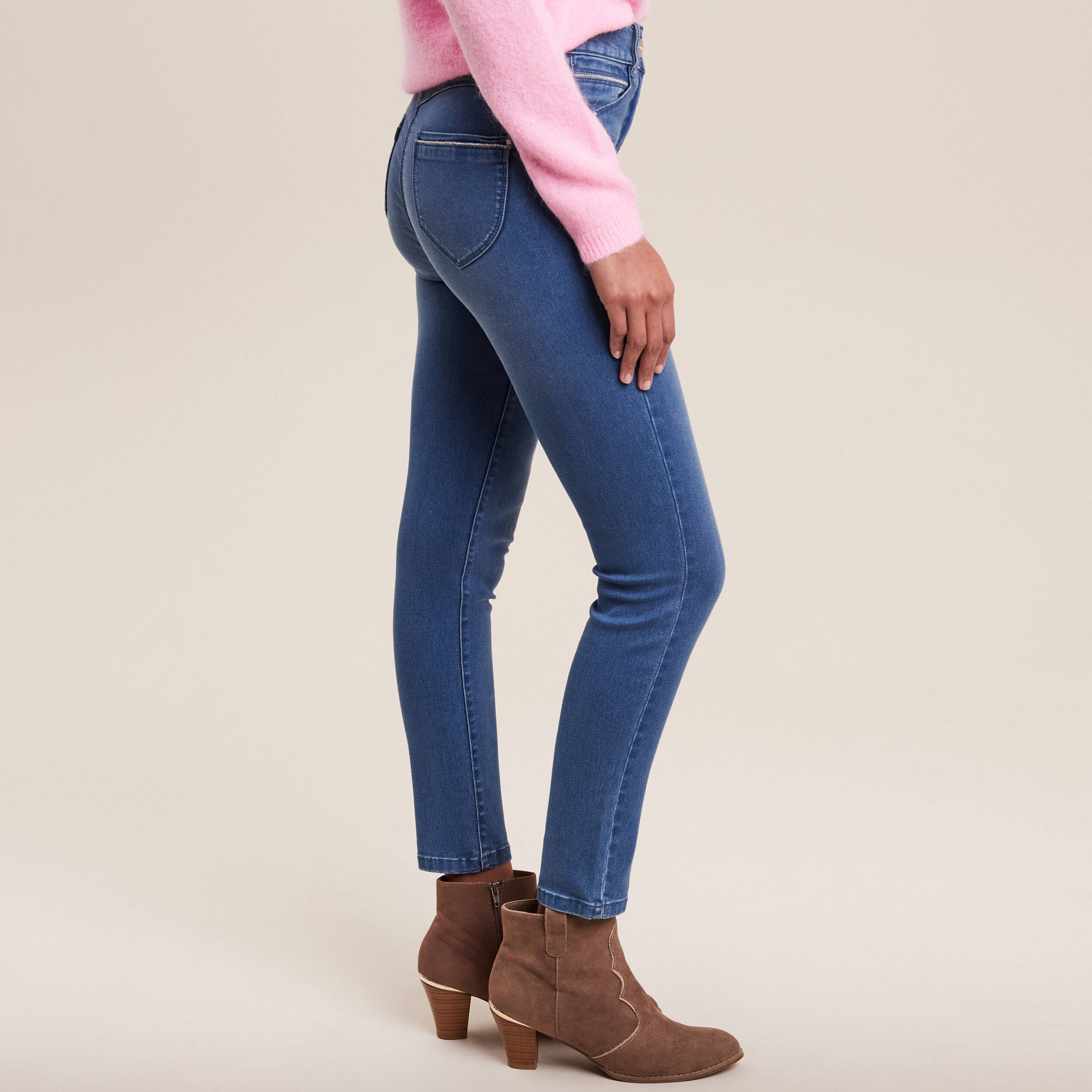 Jean ajusté taille haute denim double stone femme