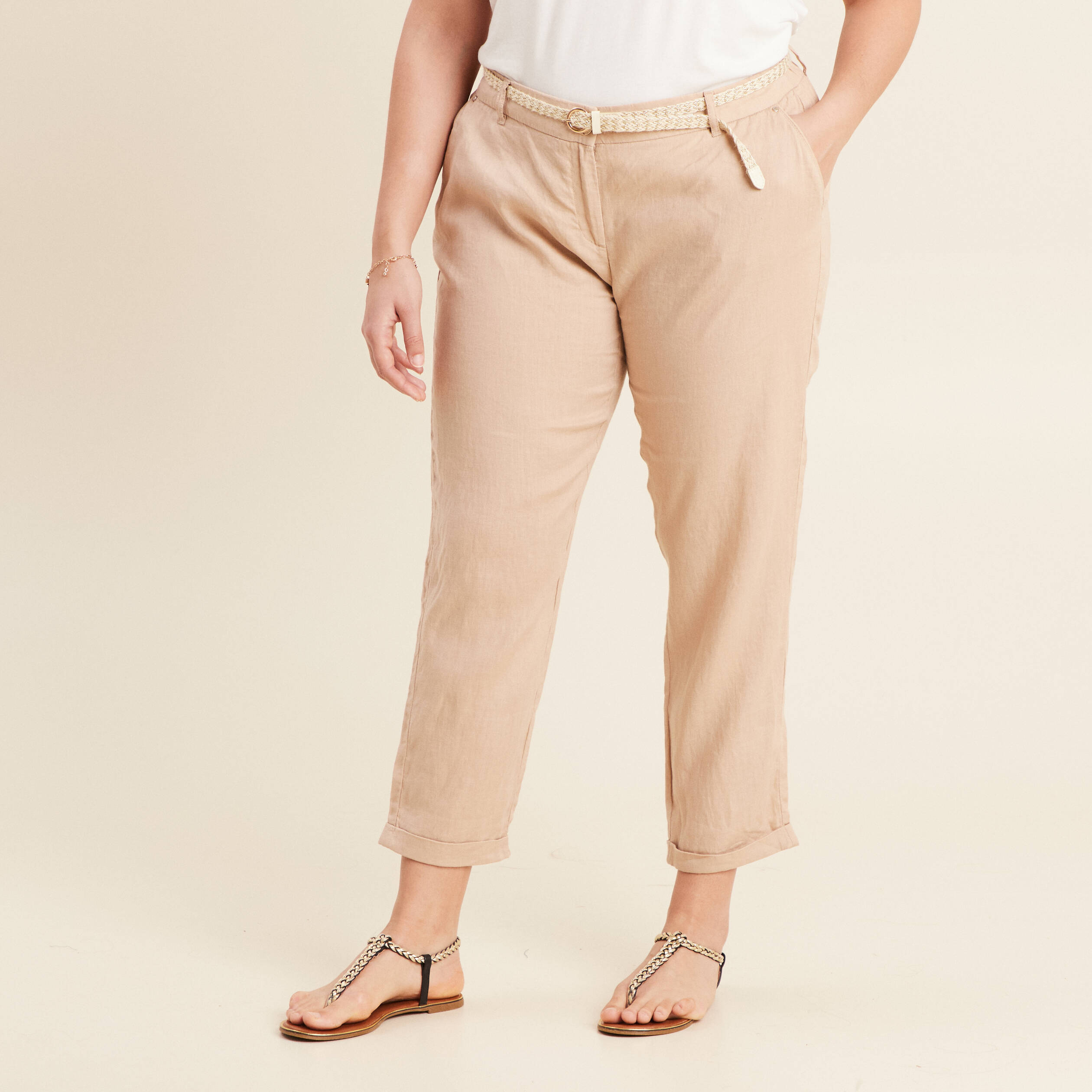 Pantalon flou ceinturé sable femme