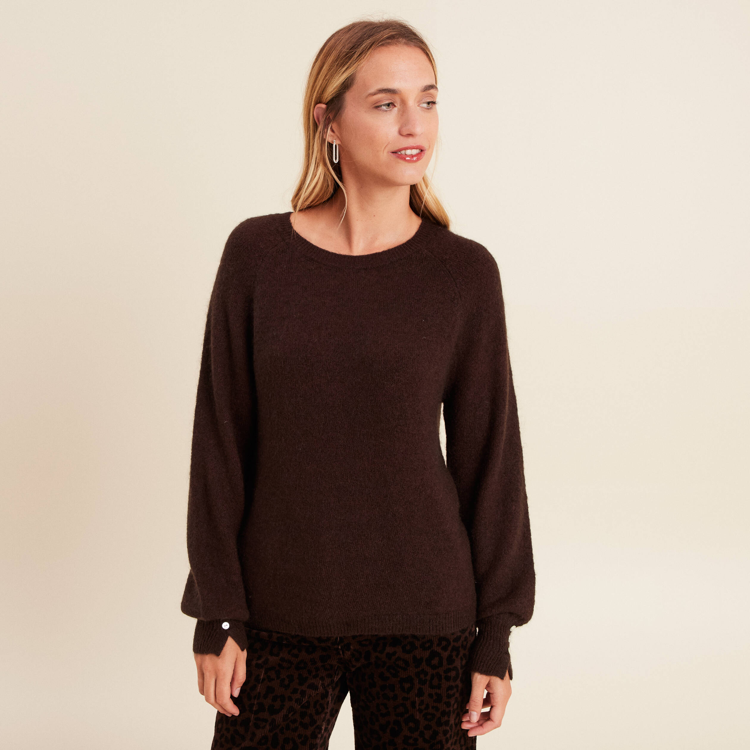 Pull col rond manches longues marron foncé femme Bréal
