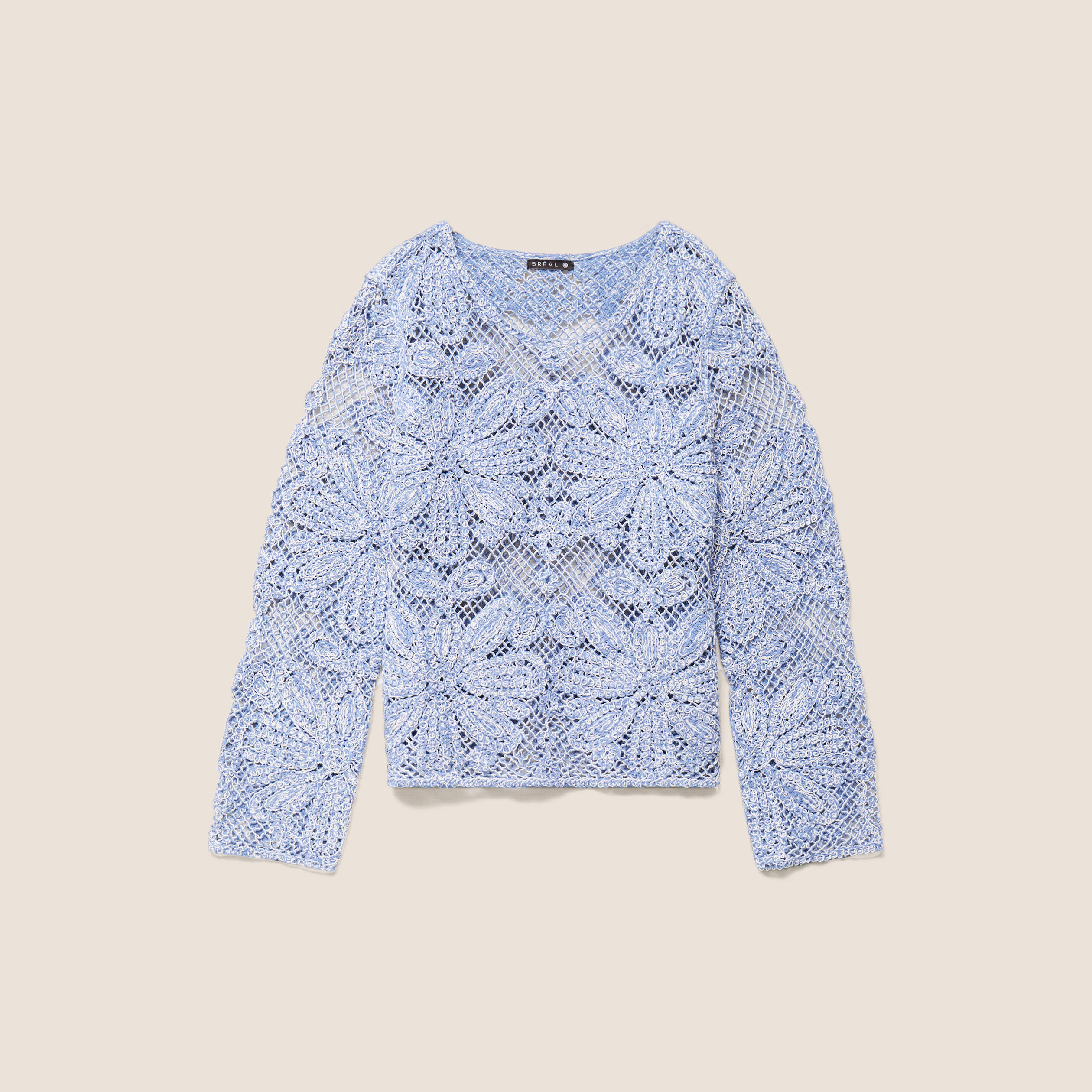 Pull manches longues aspect dentelle bleu ciel femme