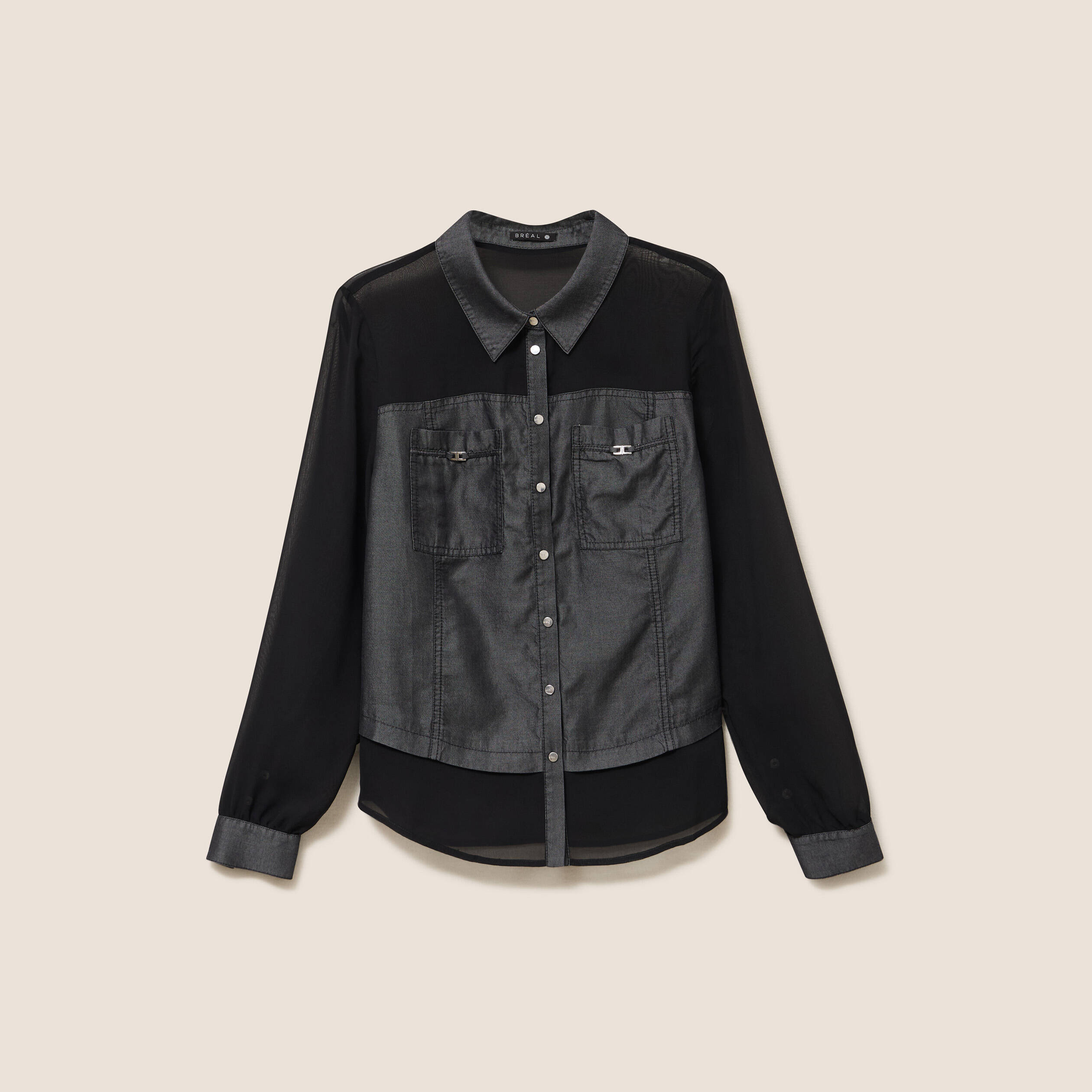 Chemise bi-mati&egrave;re manches longues denim gris femme