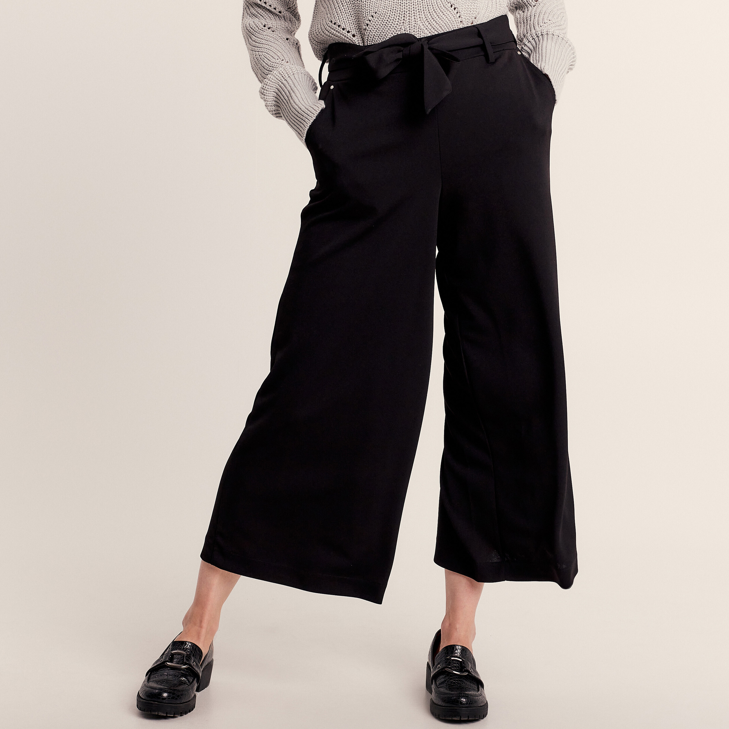 Pantalon large ceinturé noir femme