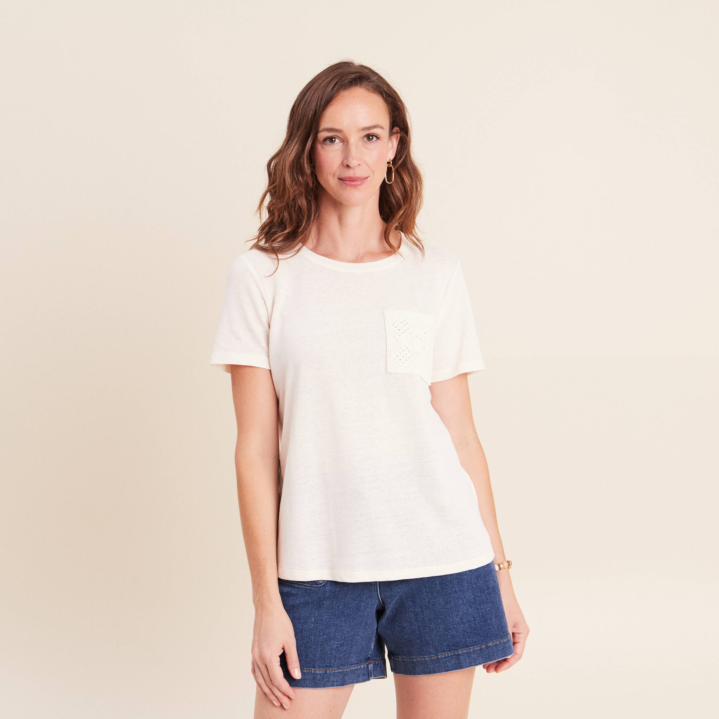 T-shirt col rond manches courtes ecru femme