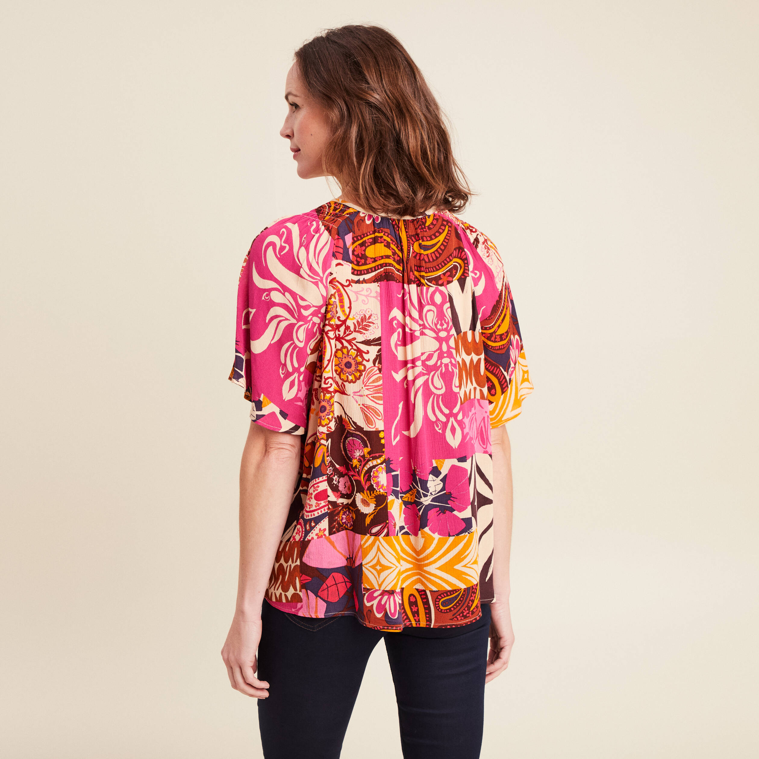 blouse ample crepe col tunisien rose femme blouse ample crêpe col tunisien rose femme