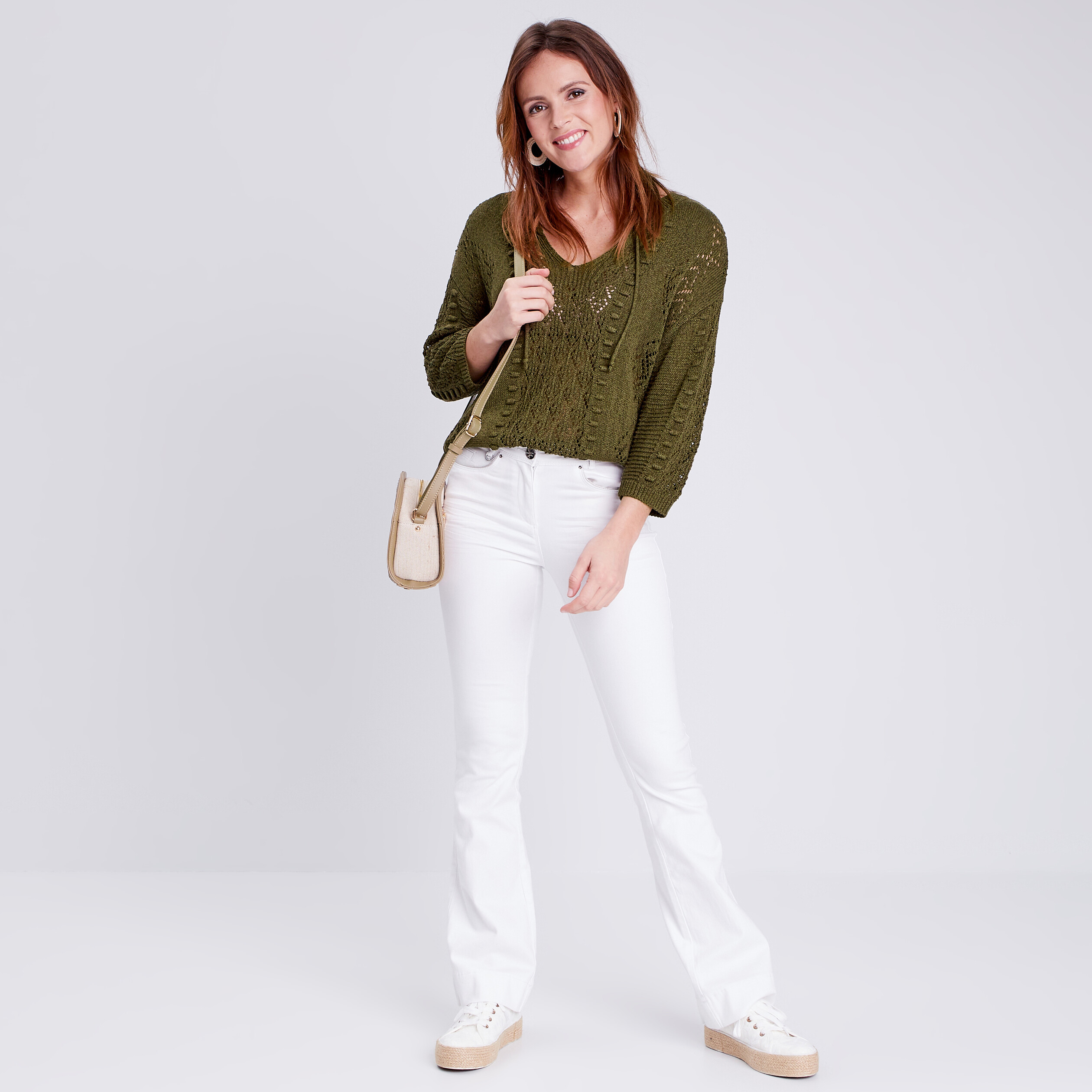 Pull à manches 3/4 vert olive femme