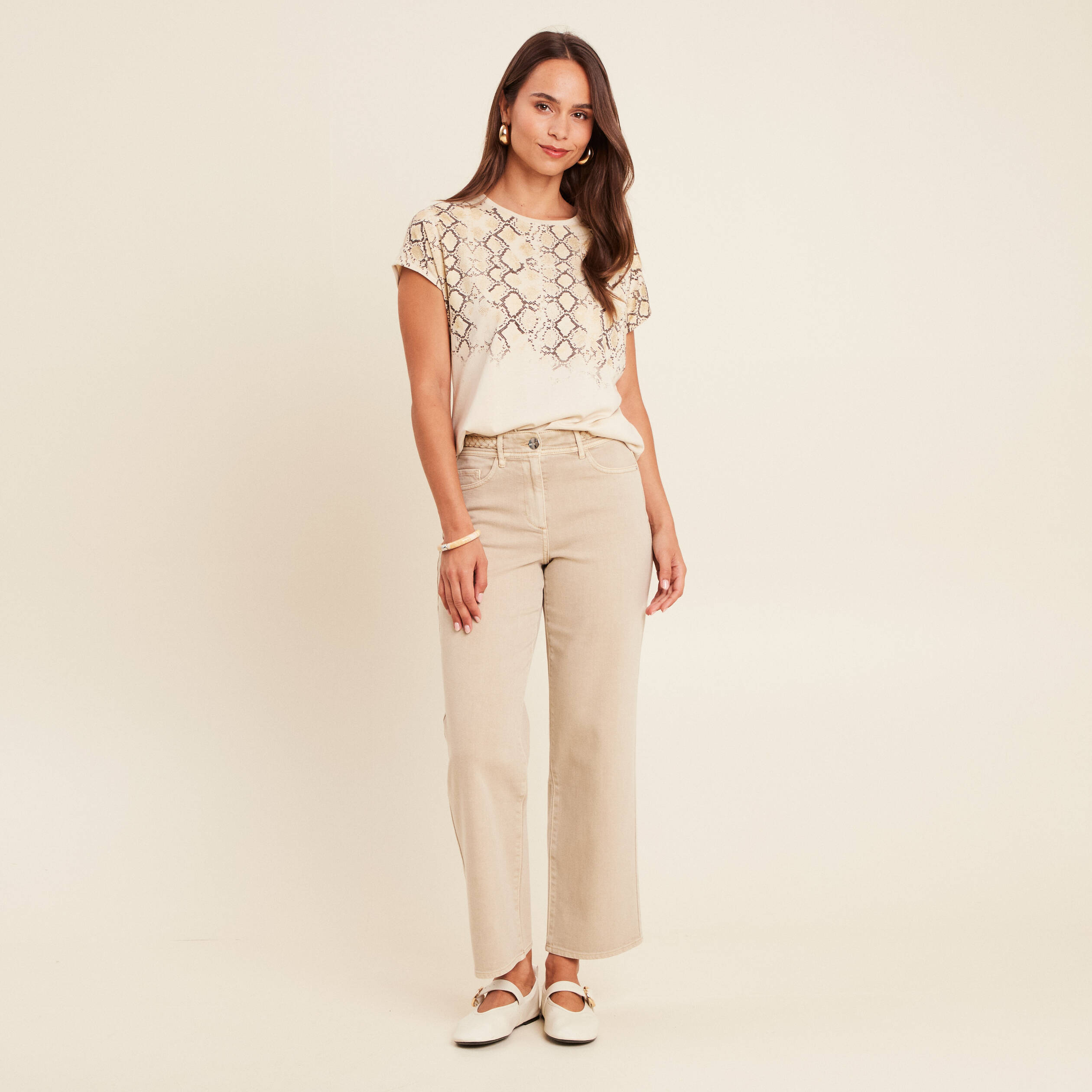 Jeans large rayé taille haute 7/8ème beige femme