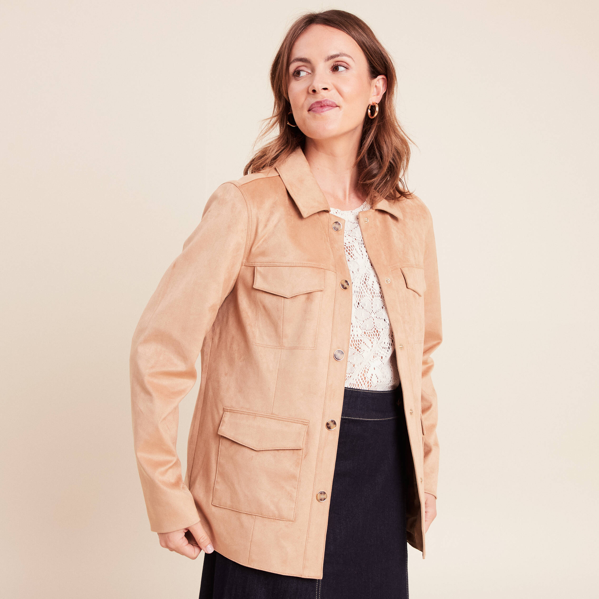 Veste droite longue aspect daim marron clair femme