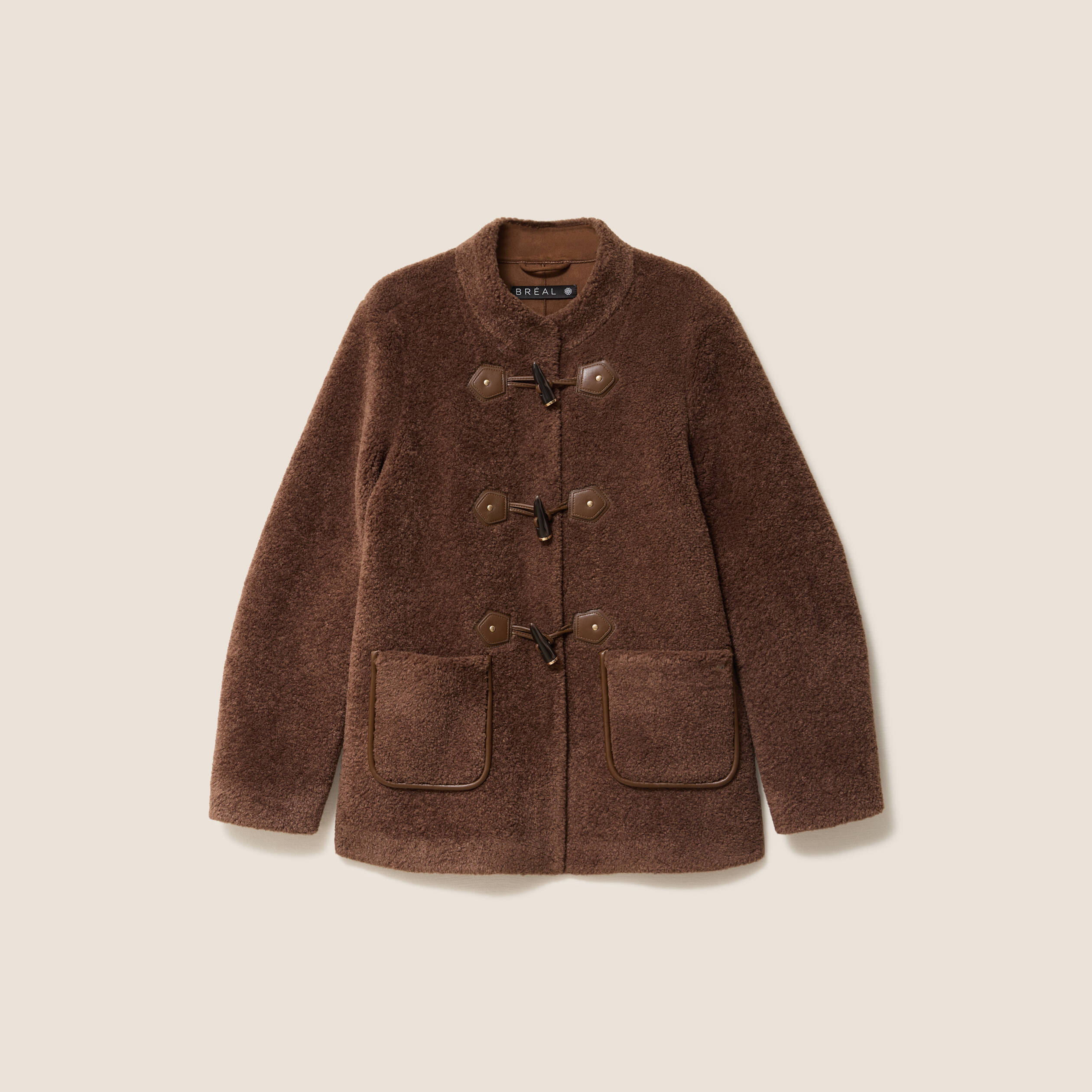 Manteau droit court en bouclette marron fonc&eacute; femme