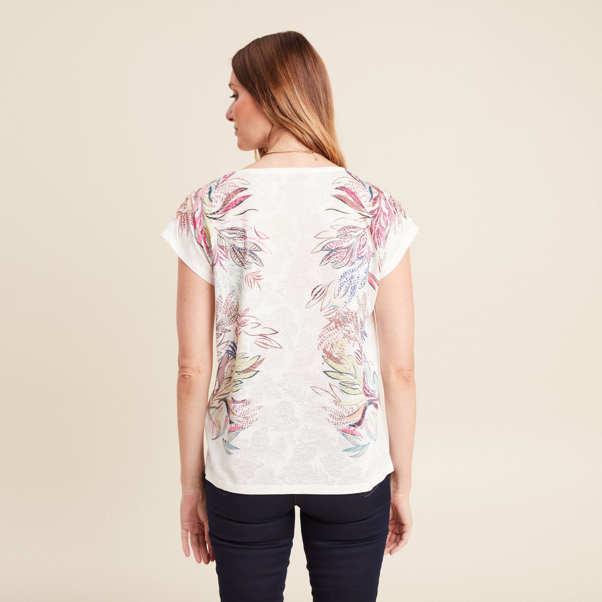 T-shirt col rond manches courtes ecru femme