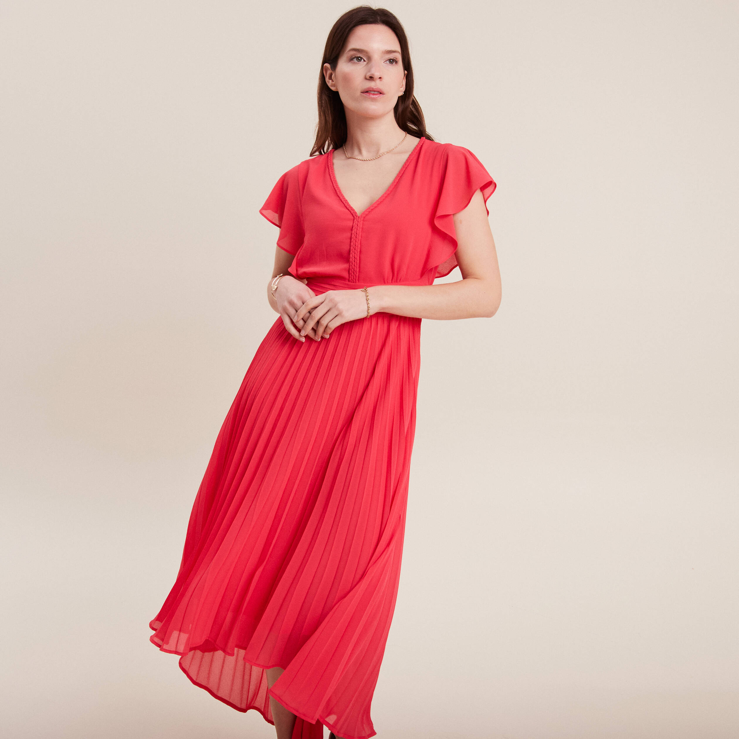 Robe longue évasée plissée rose cerise femme
