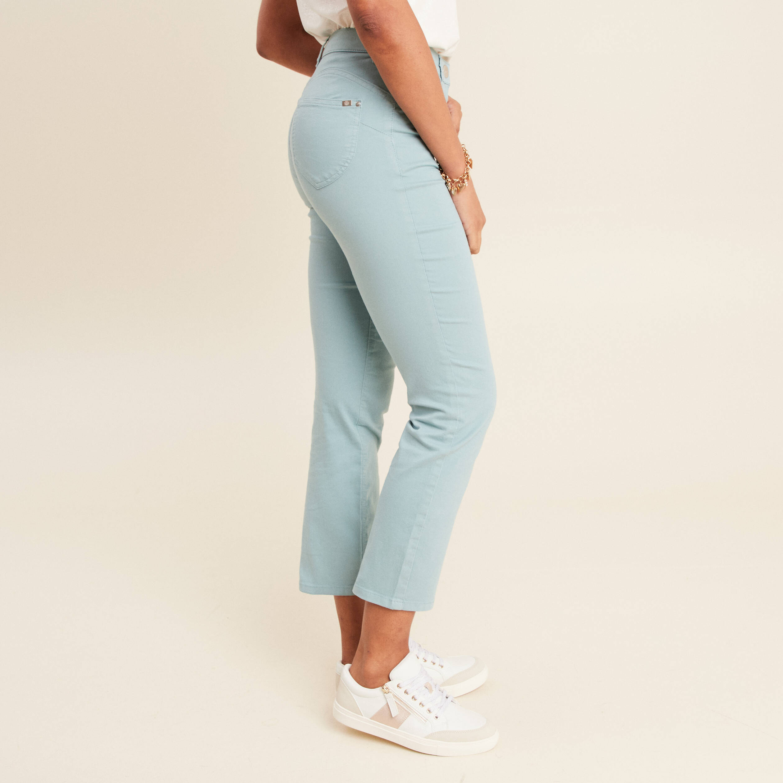 Pantalon droit taille haute 7/8ème bleu canard femme