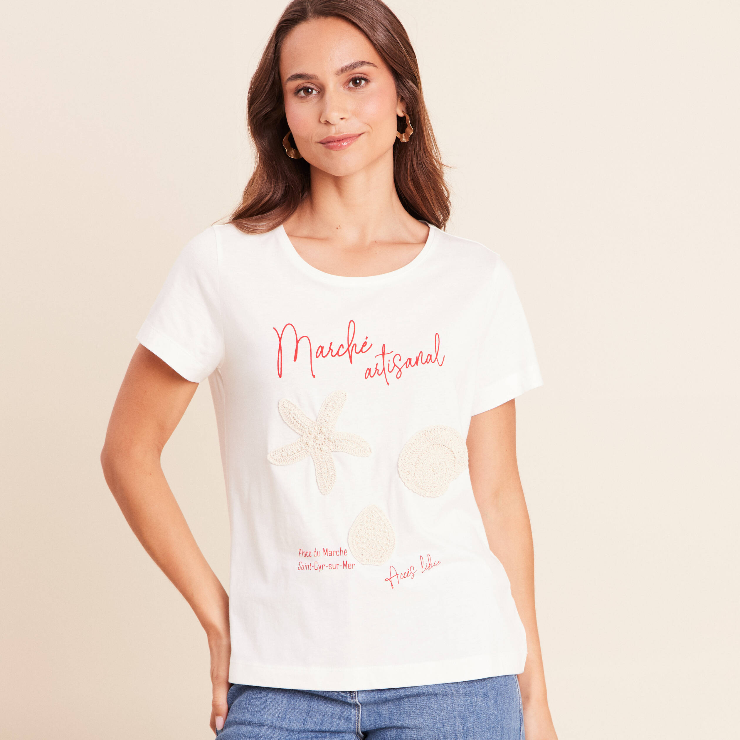 T-shirt col rond manches courtes ecru femme