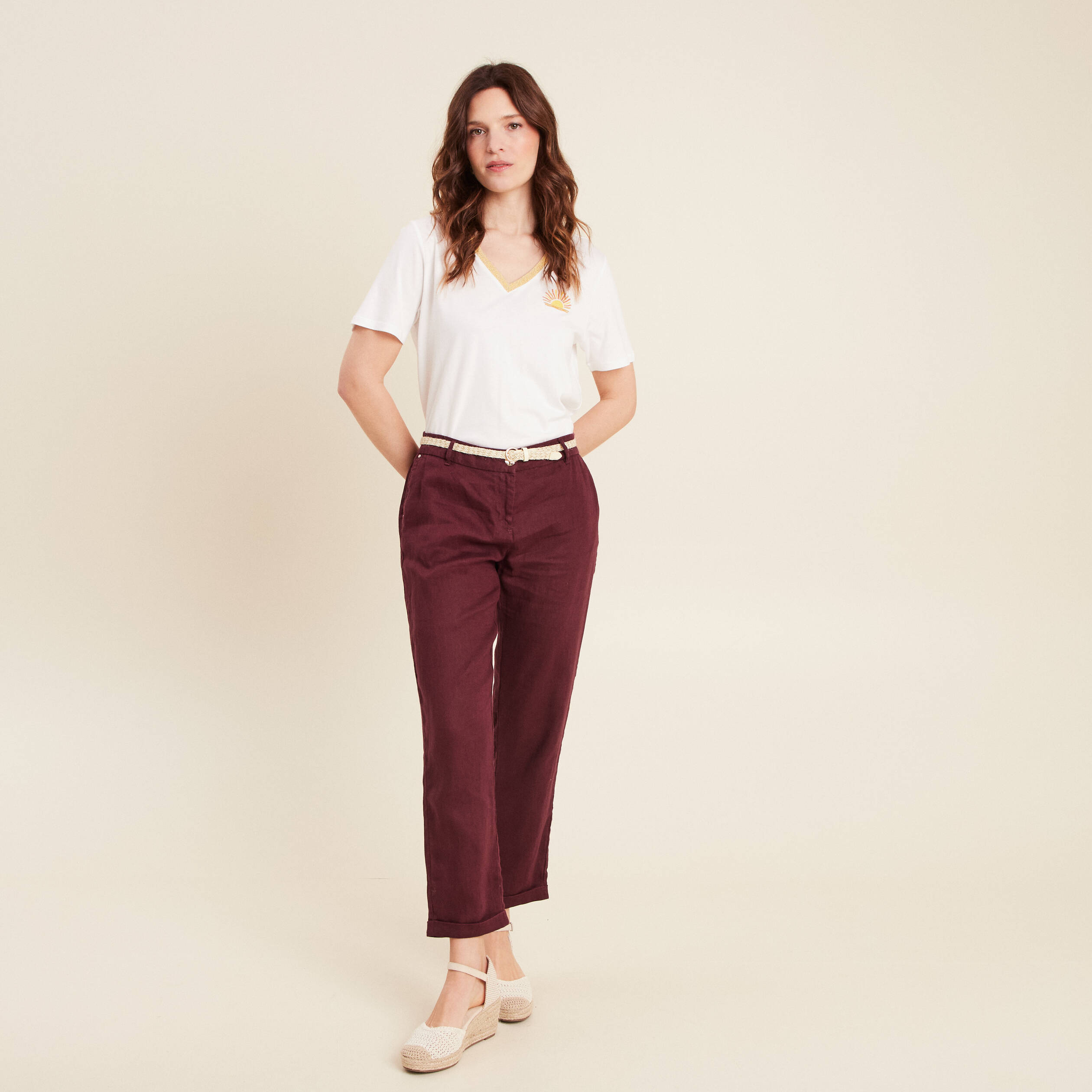 Pantalon flou ceinturé prune femme