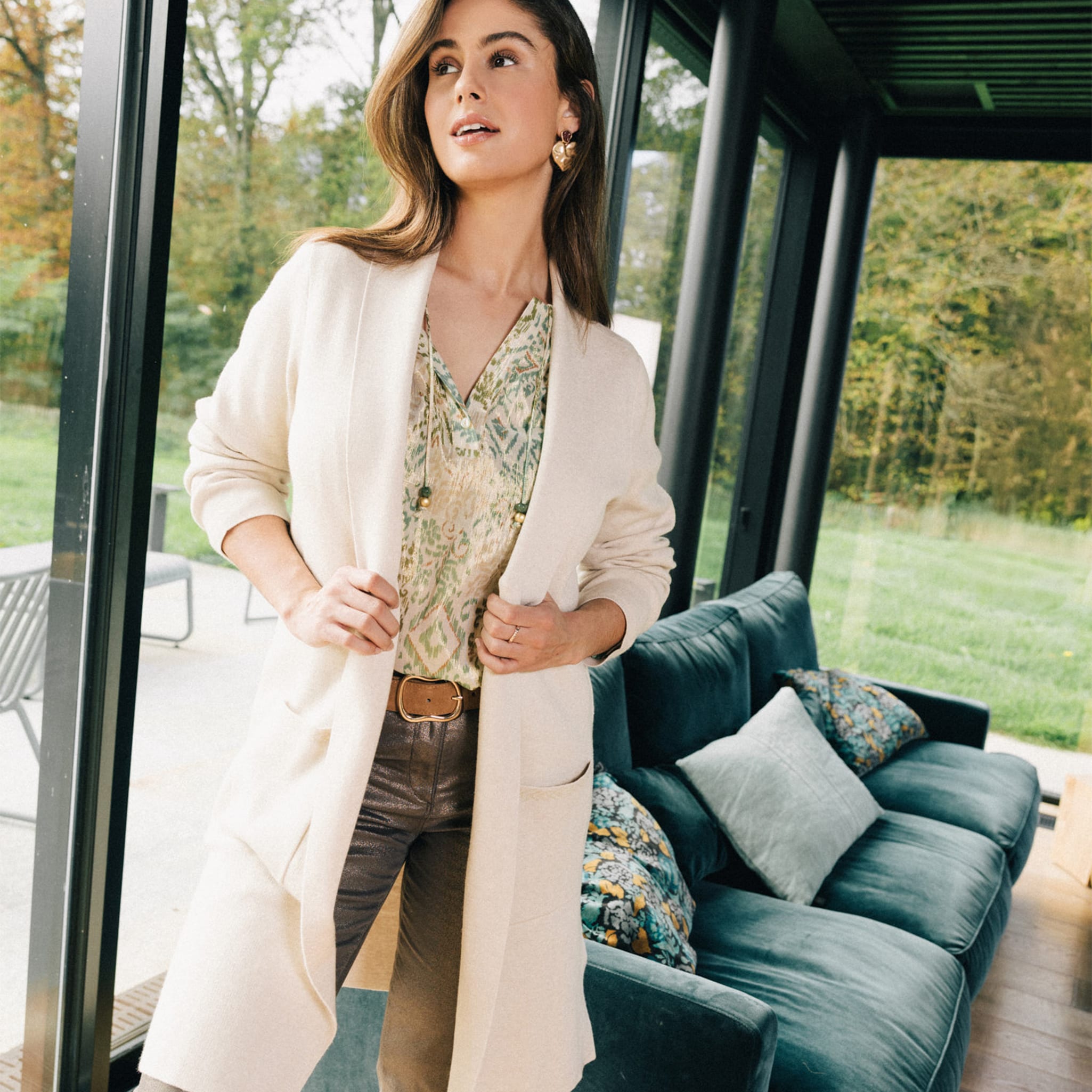 Gilet long manches longues creme femme