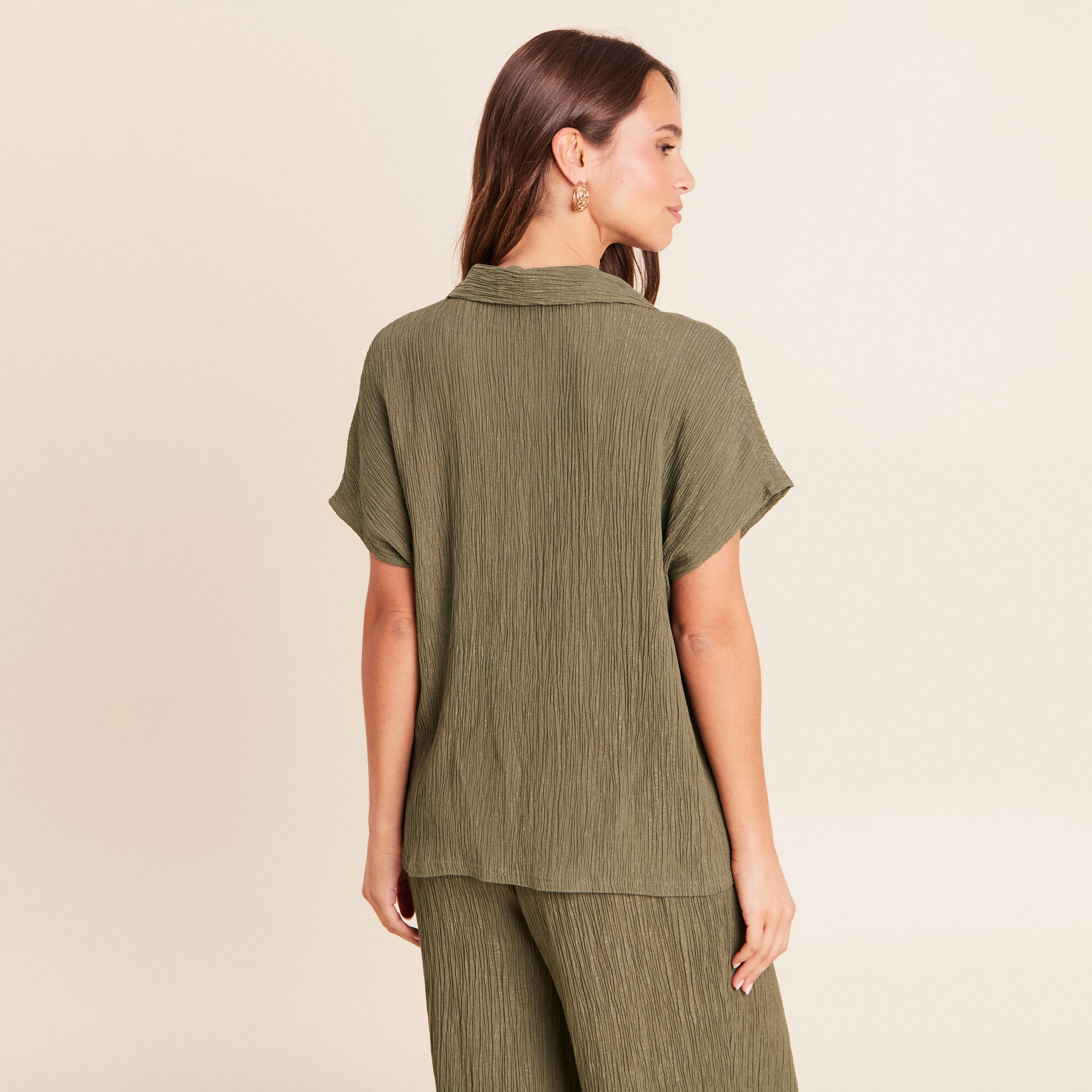 Chemise ample courte manches courtes vert kaki femme
