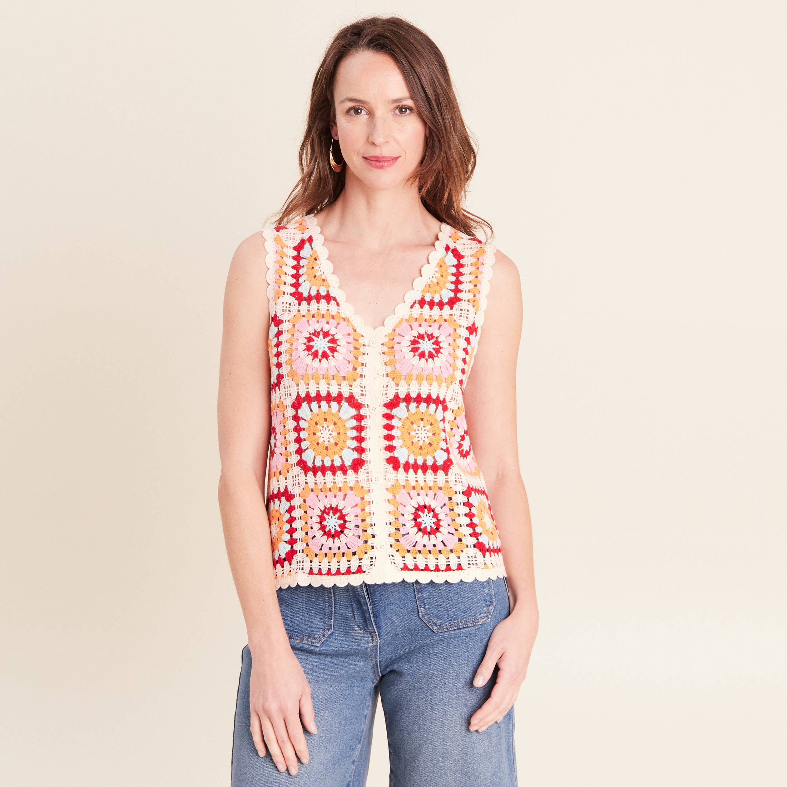 Gilet macram&eacute; col v sans manches ecru femme