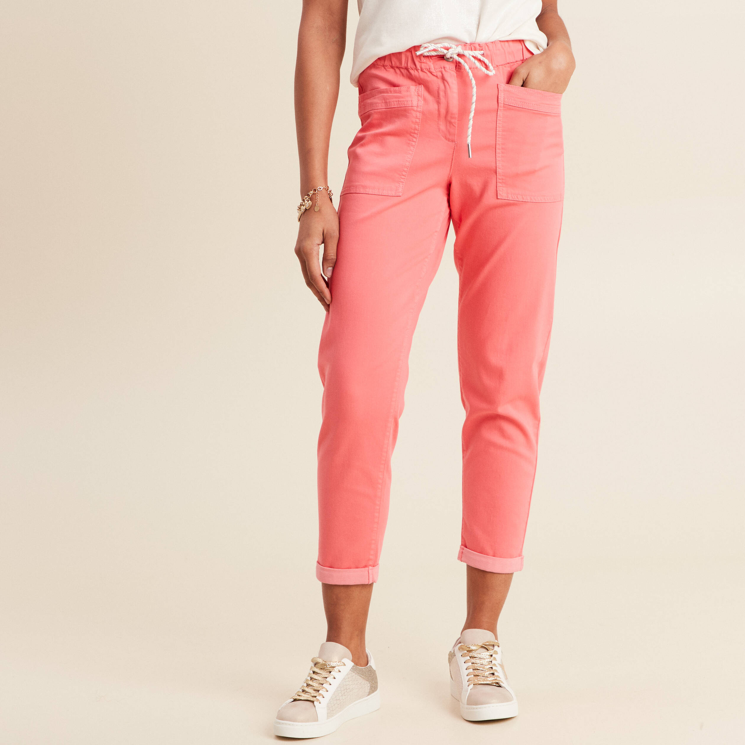 pantalon coupe droite a coulisse rose vif femme Pantalon coupe droite à coulisse rose vif femme