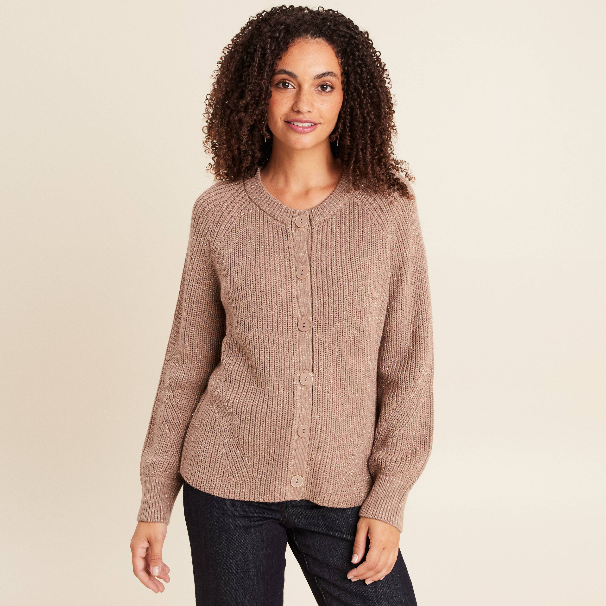 Gilet droit mi-long col rond taupe femme