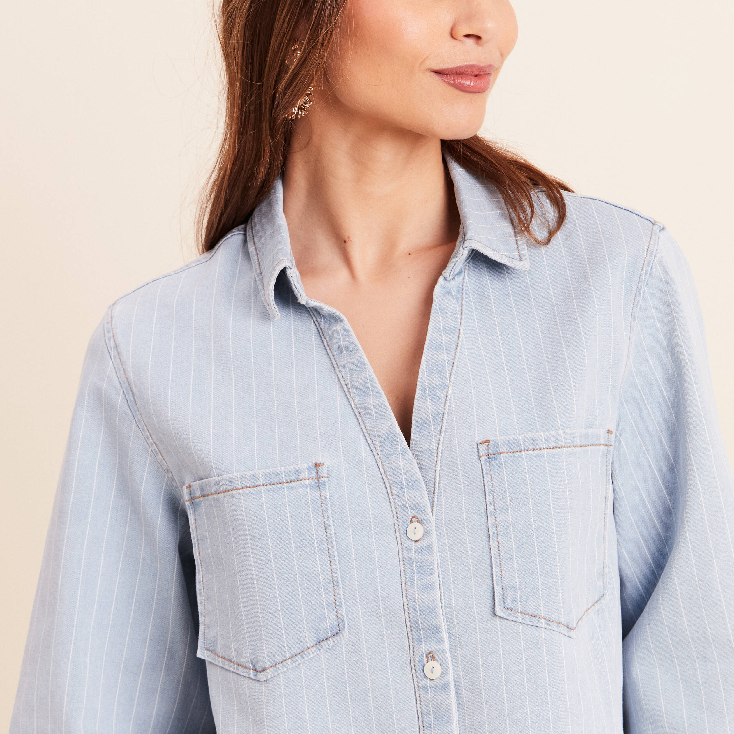 Chemise jean col chemise manches 3/4 blanc femme